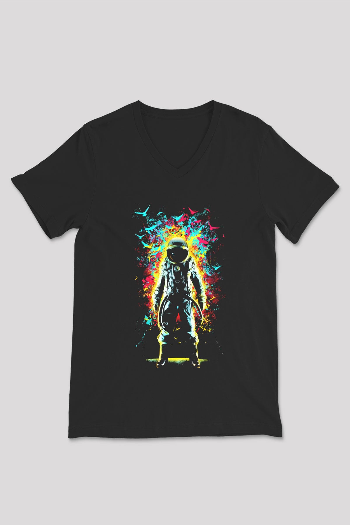 Astronot Siyah Unisex V Yaka Tişört T-Shirt