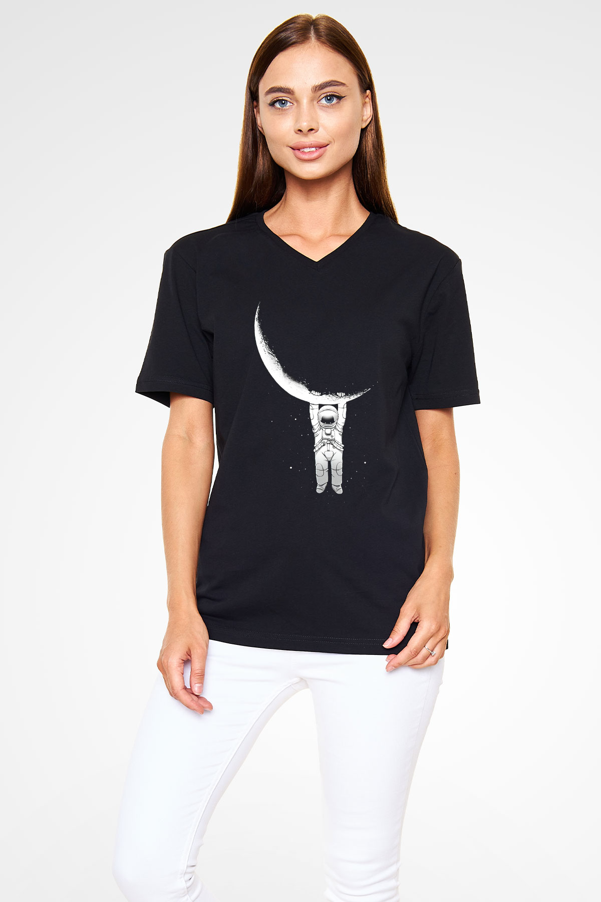 Astronot Siyah Unisex V Yaka Tişört T-Shirt