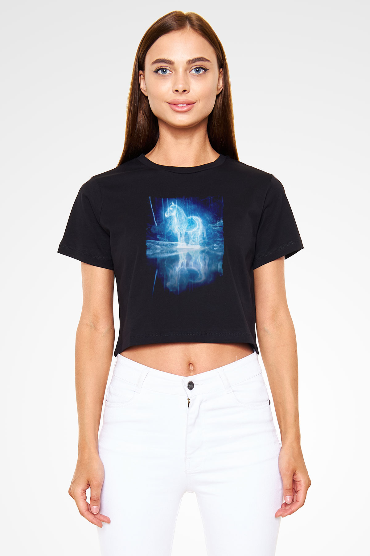 At Baskılı  Siyah  Crop Top Tişört