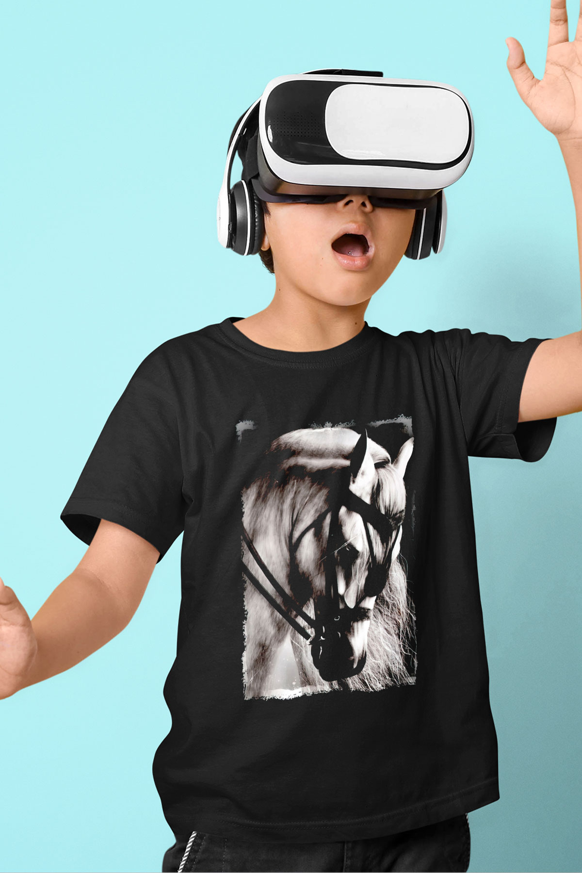At Baskılı Unisex Siyah  Çocuk Tişört