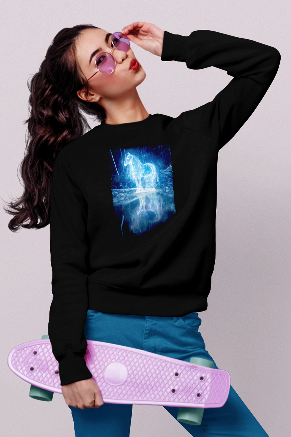 At Baskılı Unisex Siyah  Sweatshirt