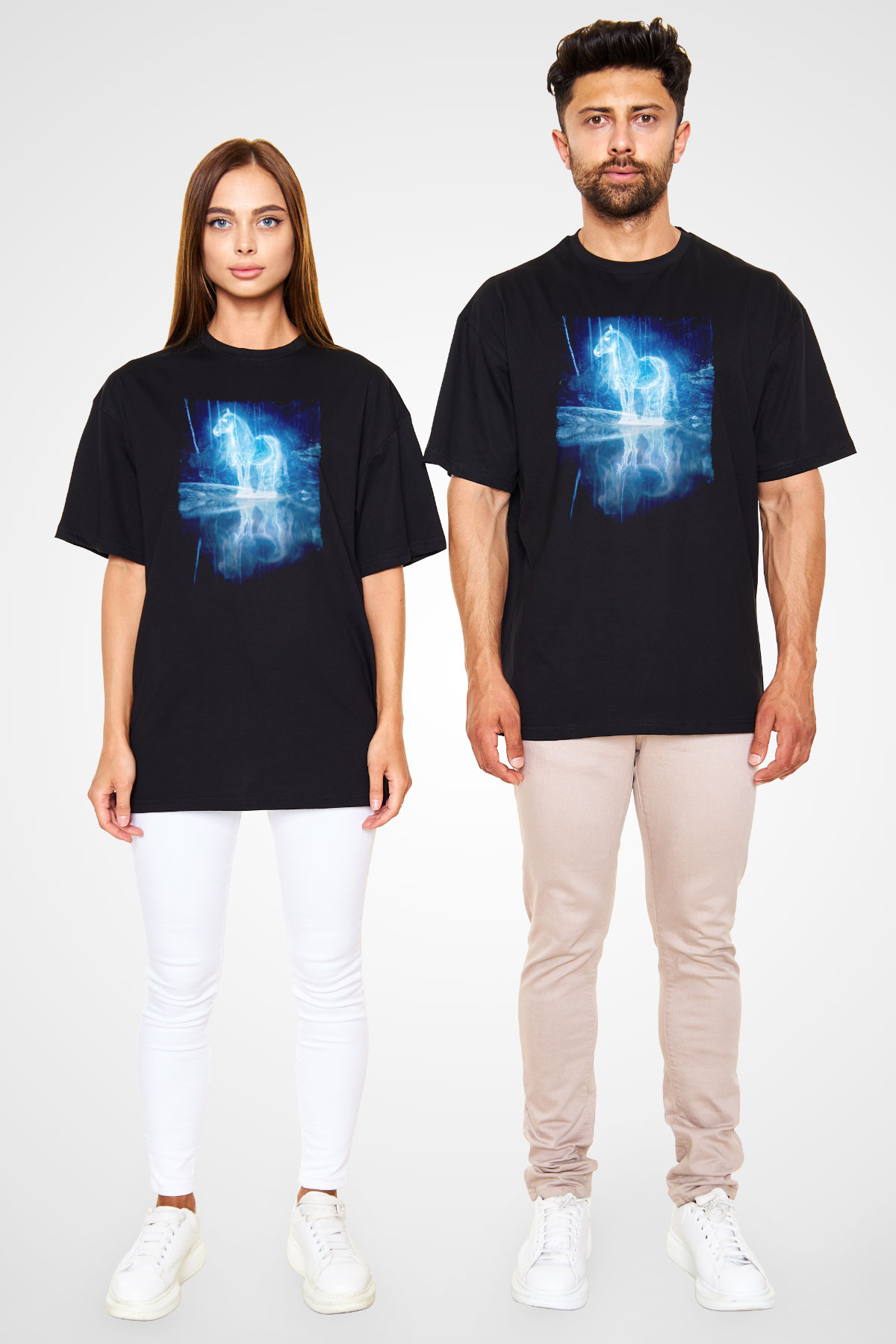 At Baskılı Unisex Siyah Tişört