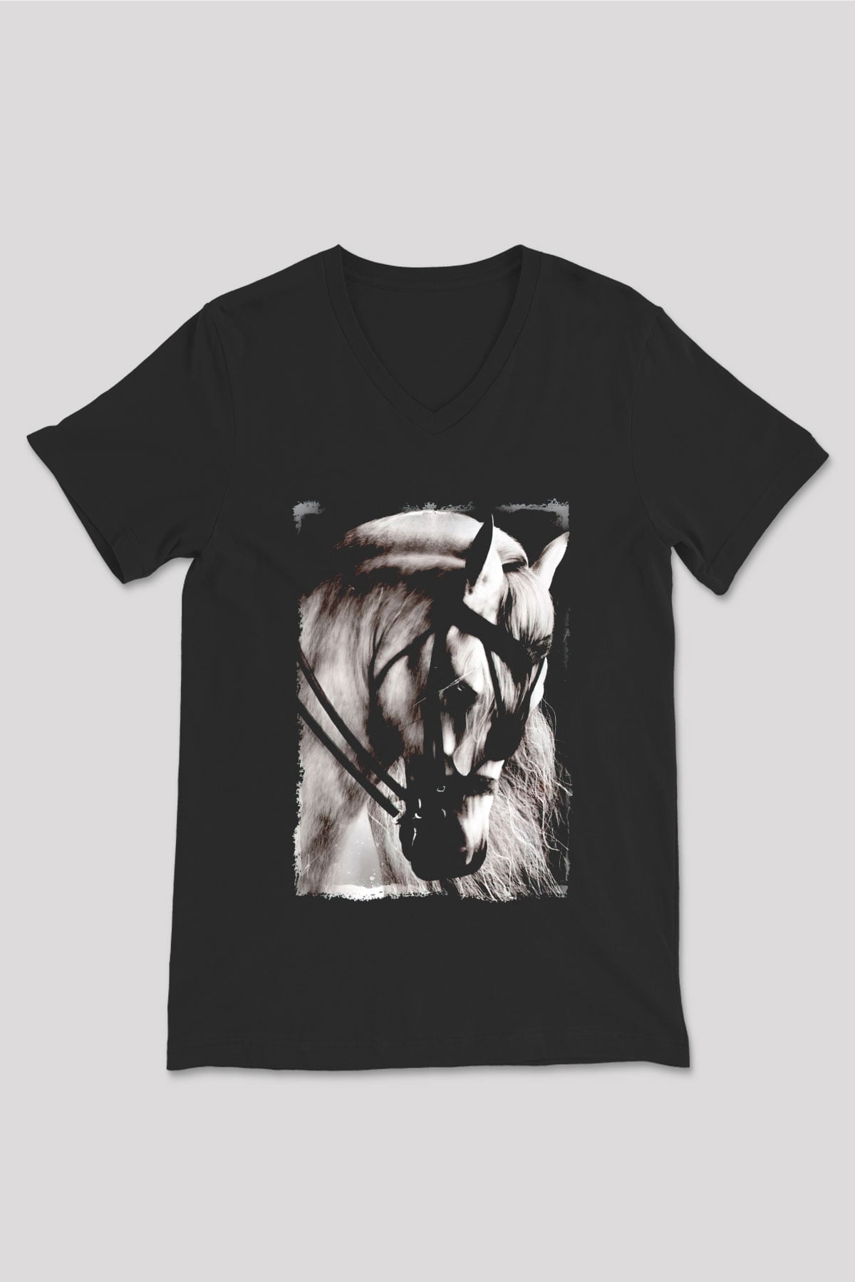 At Baskılı Unisex Siyah  V Yaka Tişört
