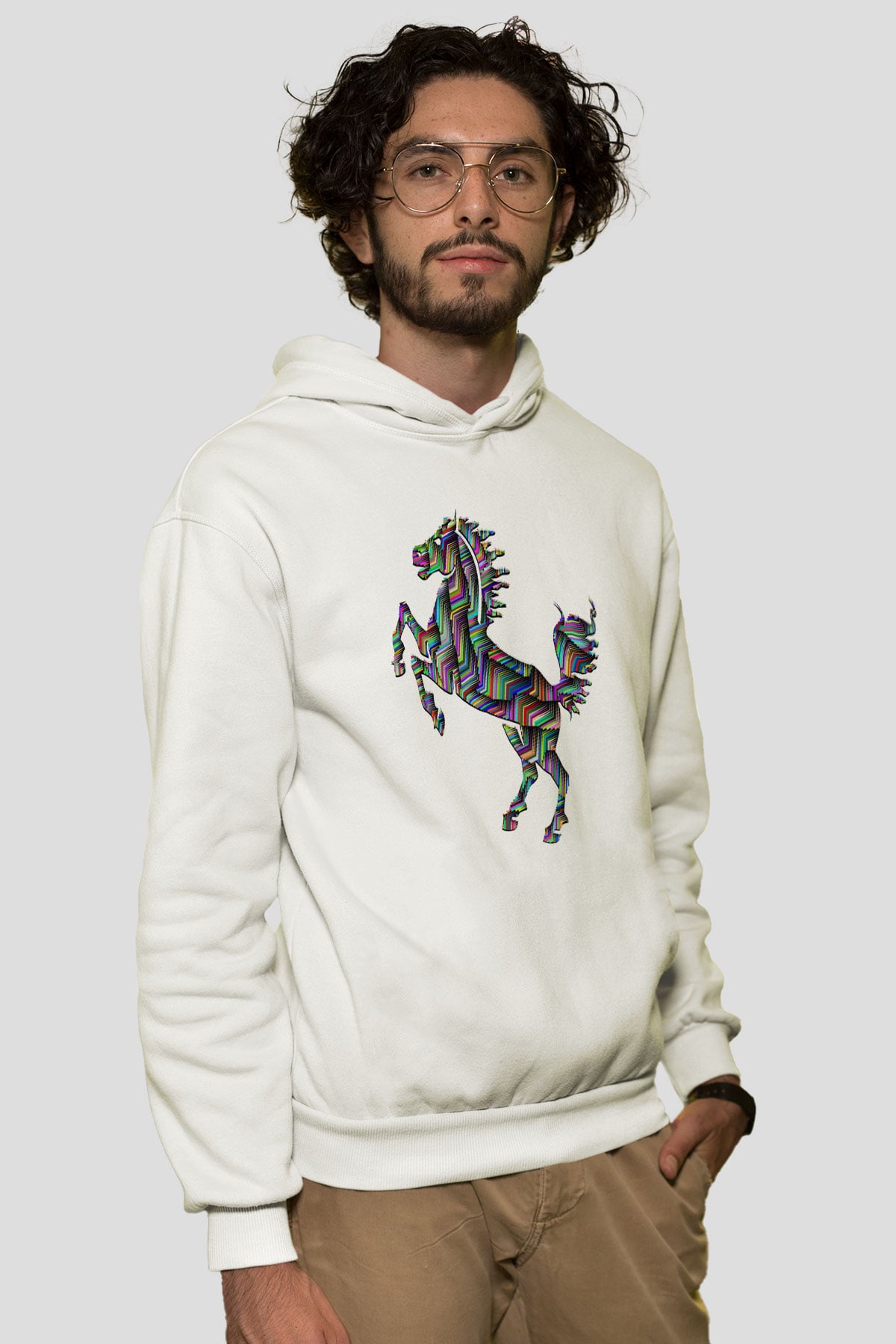 At Beyaz Unisex Kapşonlu Sweatshirt