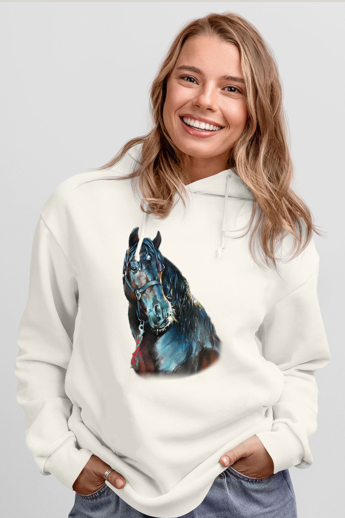 At Beyaz Unisex Kapşonlu Sweatshirt