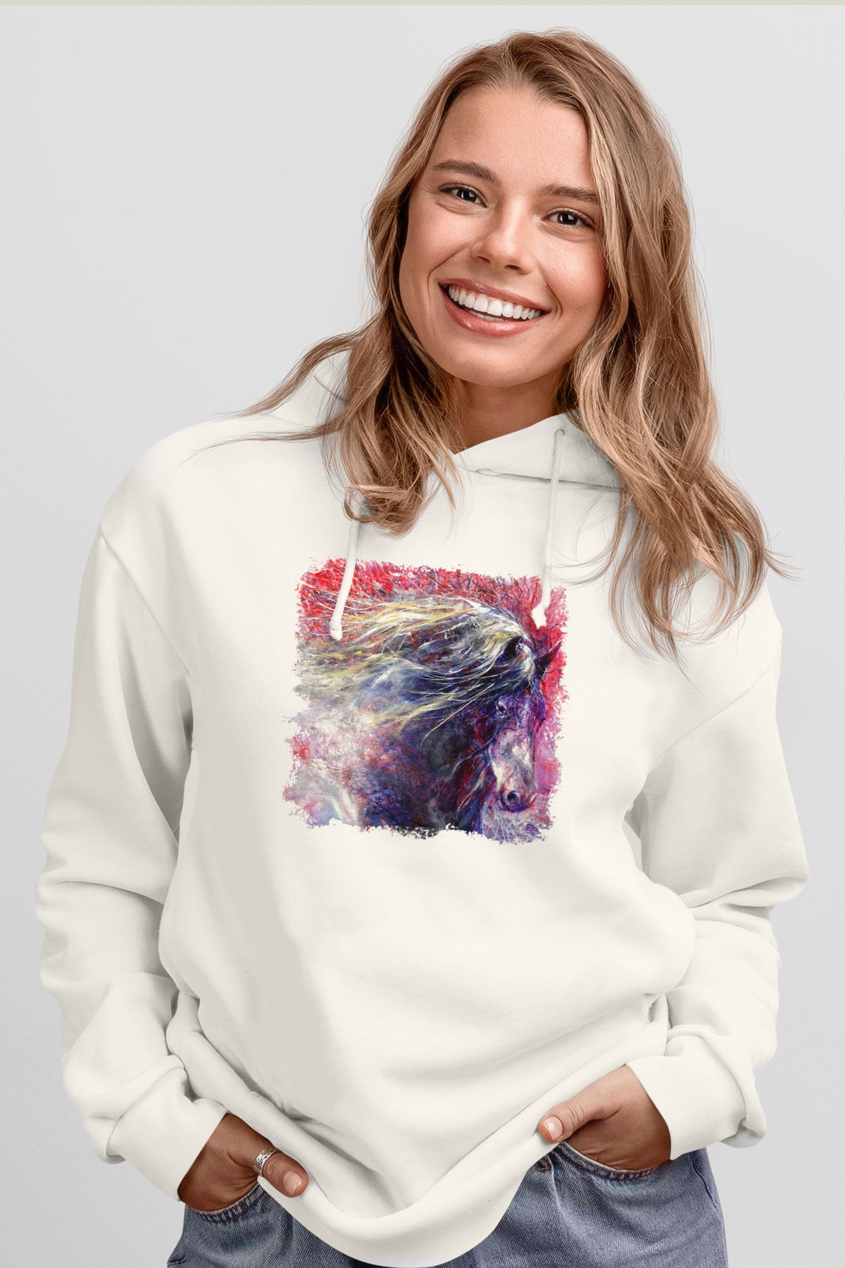 At Beyaz Unisex Kapşonlu Sweatshirt