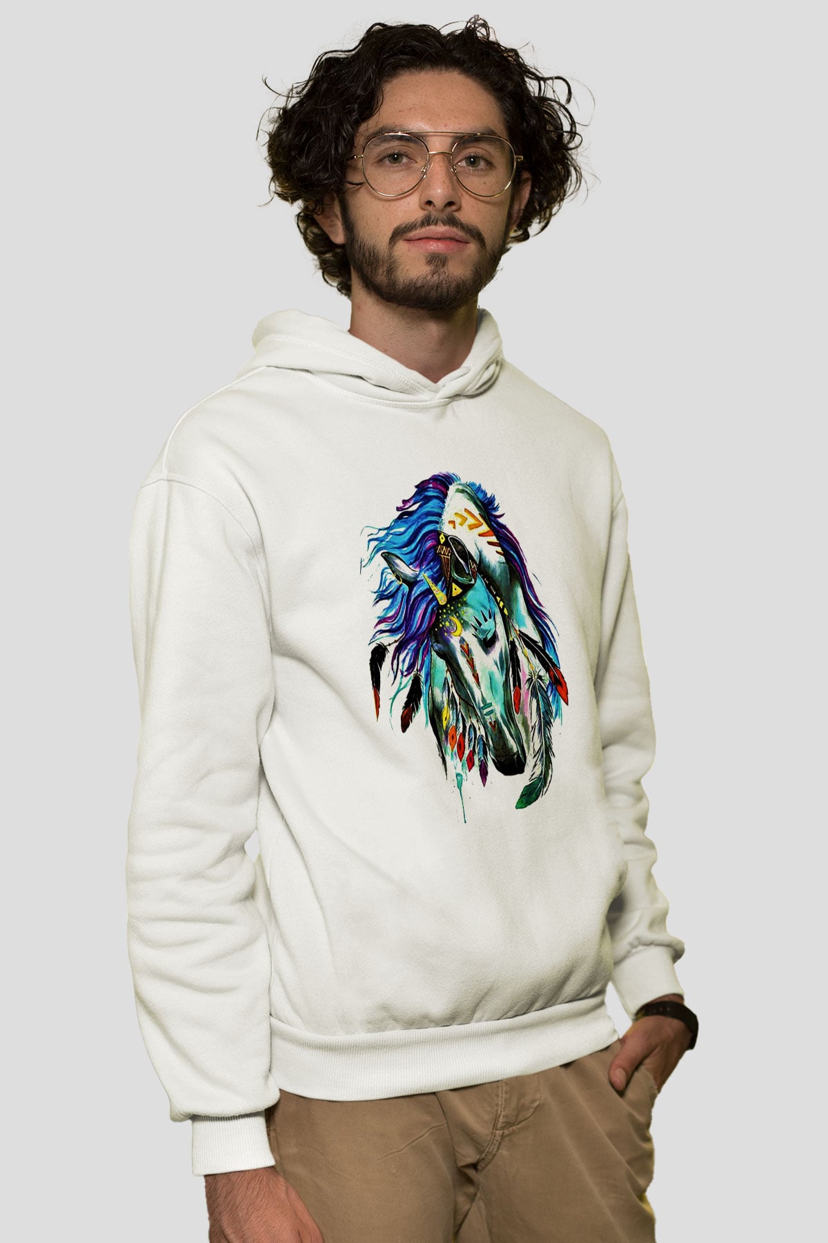 At Beyaz Unisex Kapşonlu Sweatshirt