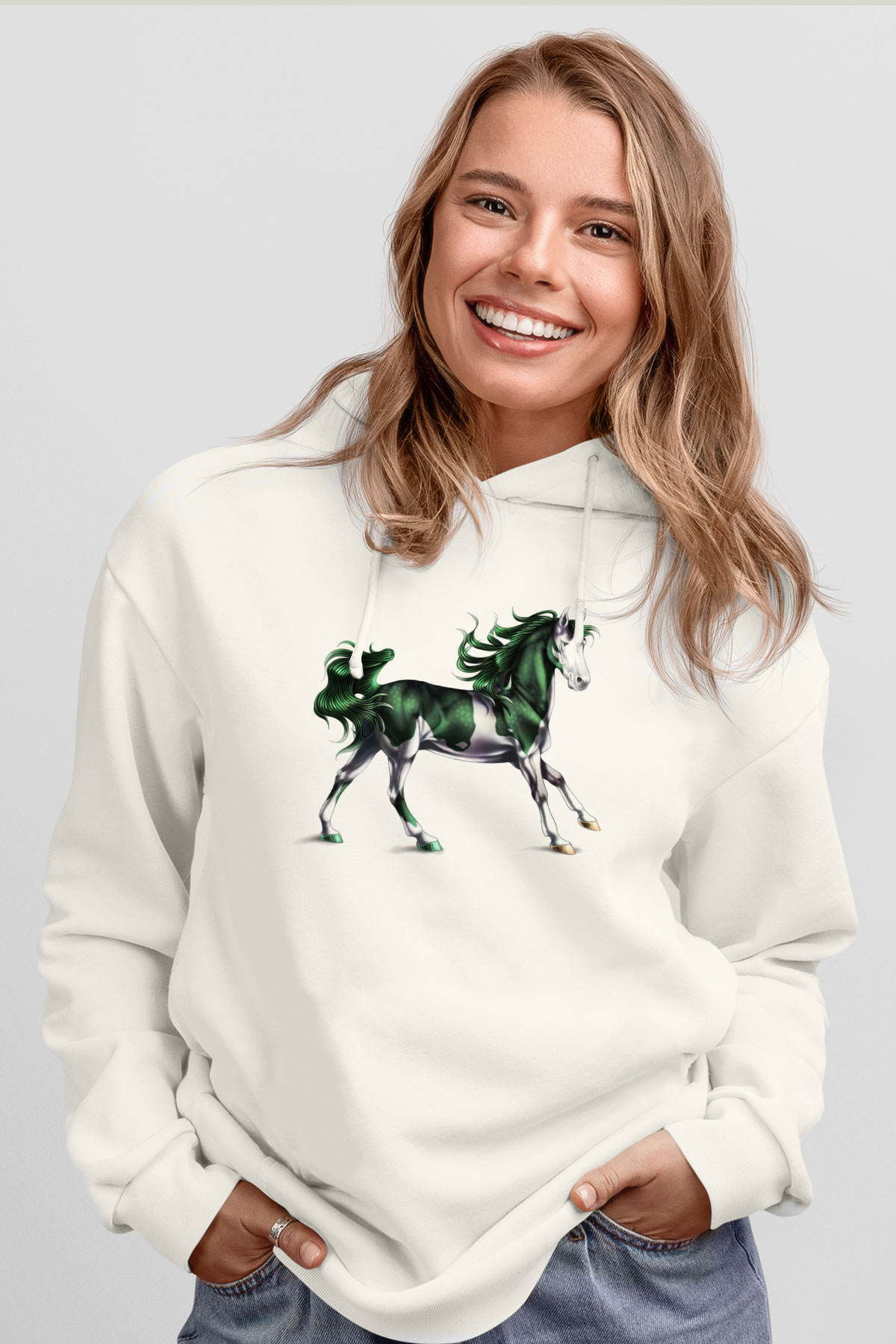 At Beyaz Unisex Kapşonlu Sweatshirt