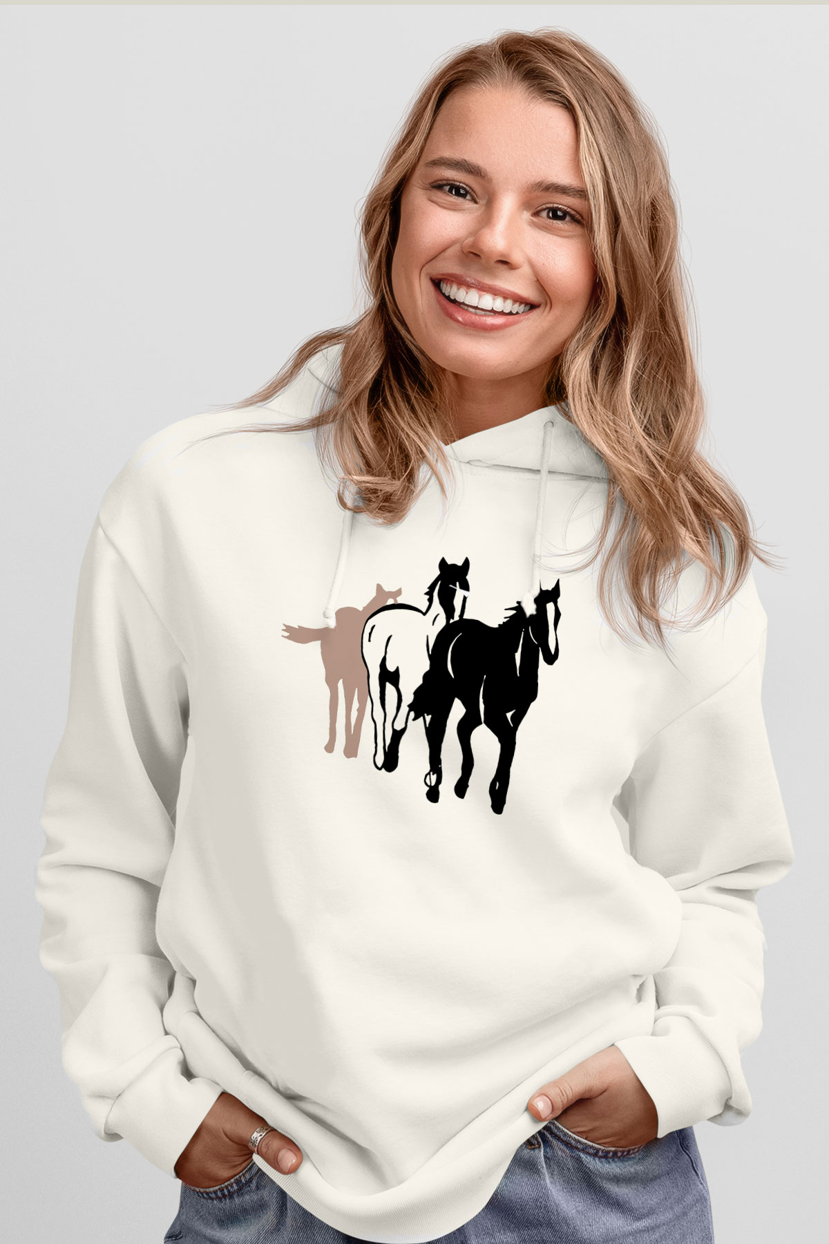 At Beyaz Unisex Kapşonlu Sweatshirt