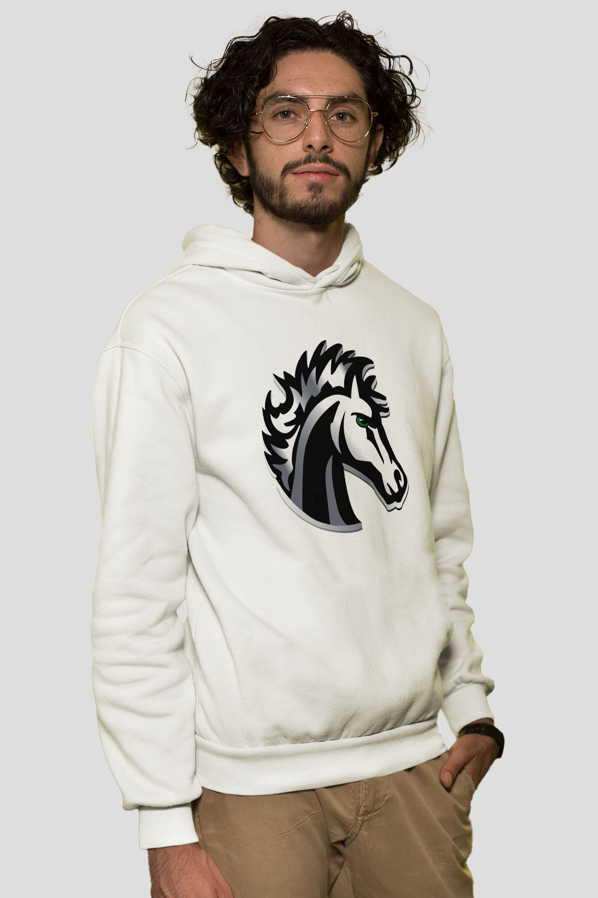 At Beyaz Unisex Kapşonlu Sweatshirt