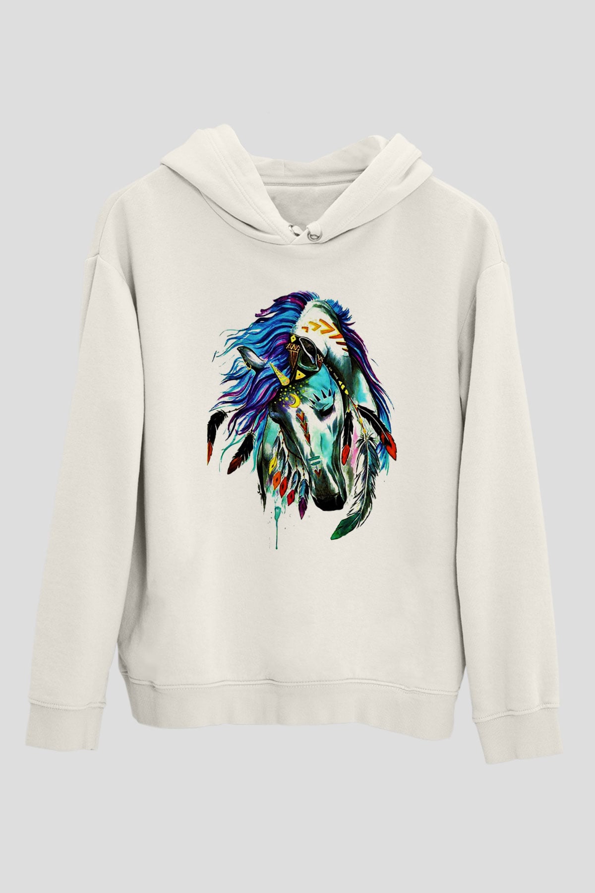 At Beyaz Unisex Kapşonlu Sweatshirt