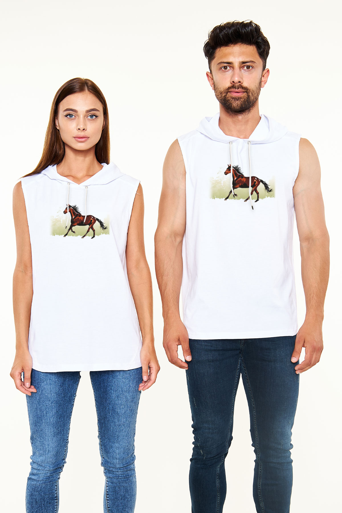 At Beyaz Unisex Kapüşonlu Kolsuz Tişört