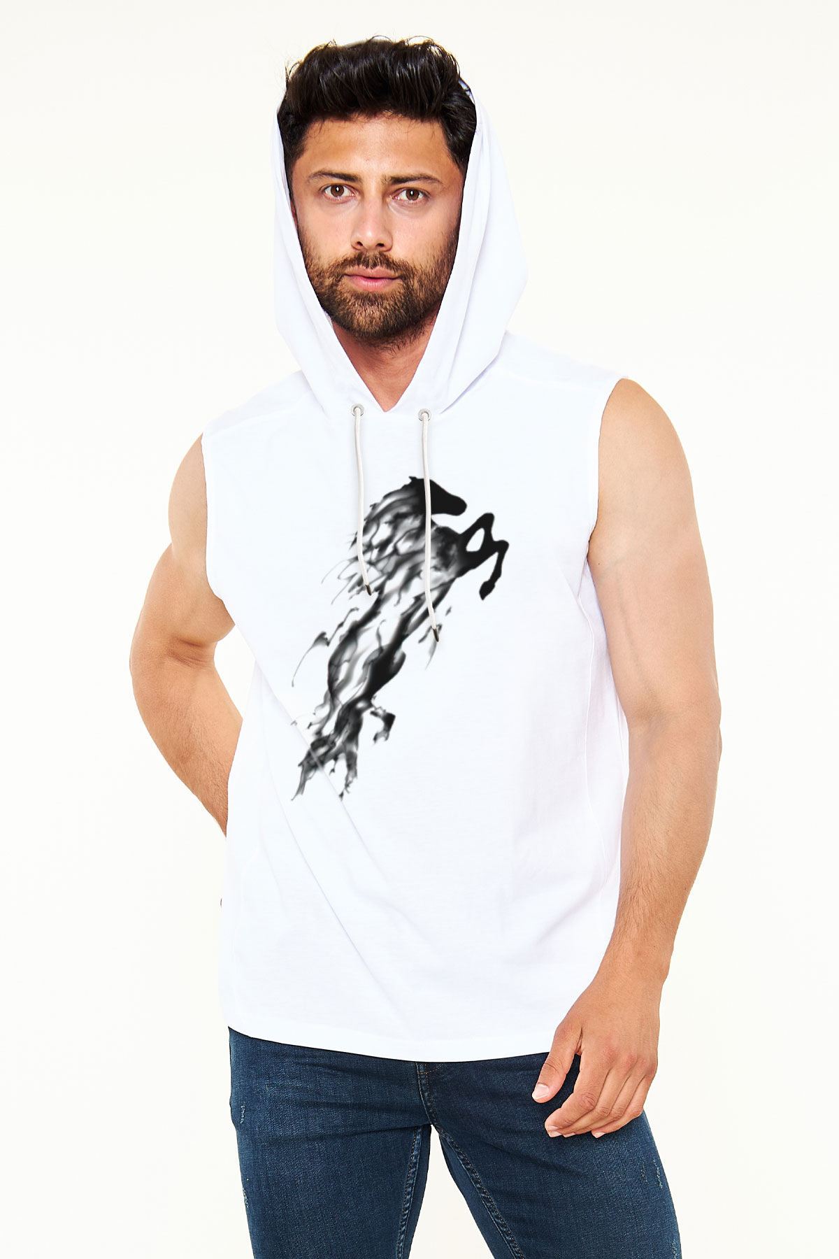 At Beyaz Unisex Kapüşonlu Kolsuz Tişört