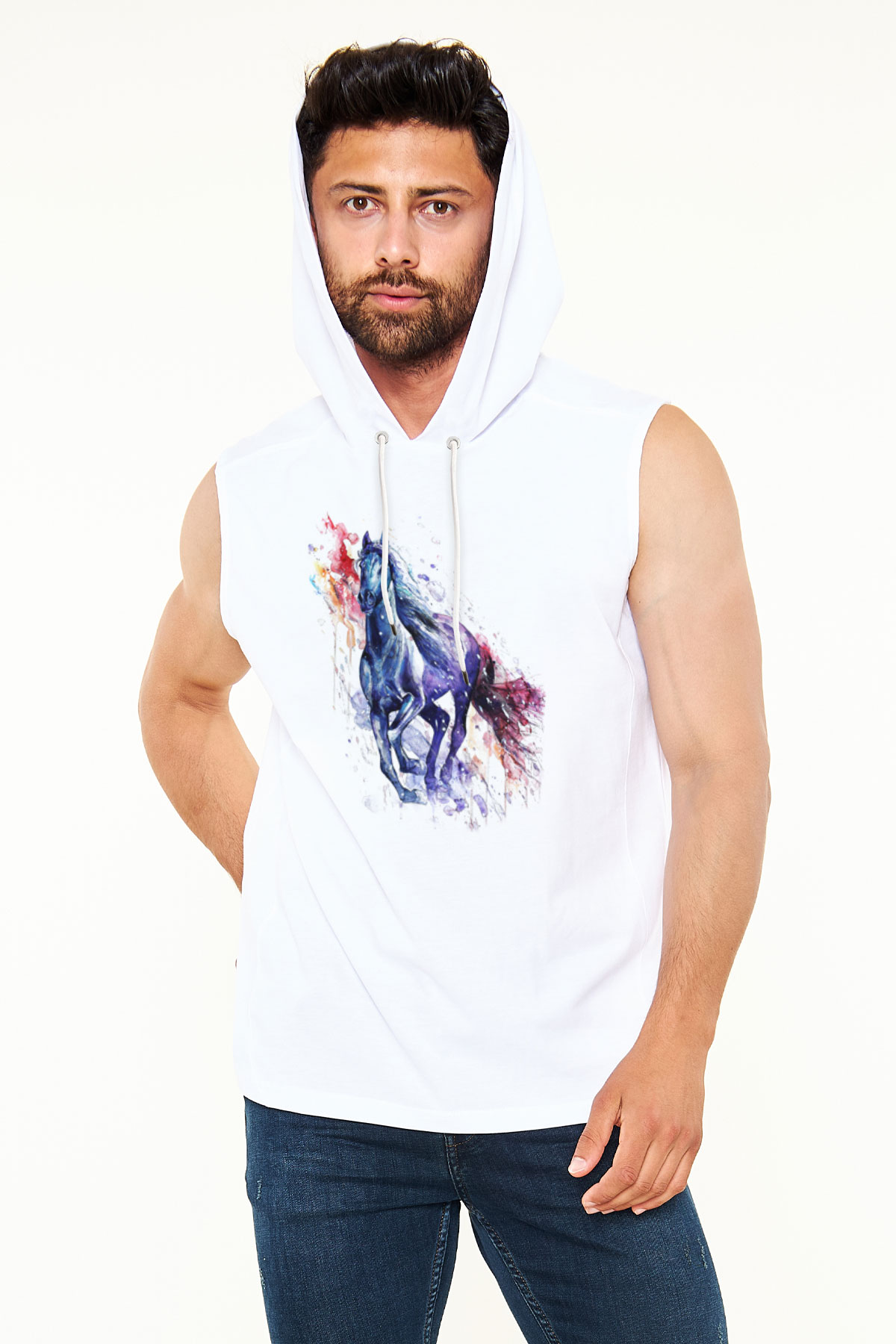 At Beyaz Unisex Kapüşonlu Kolsuz Tişört