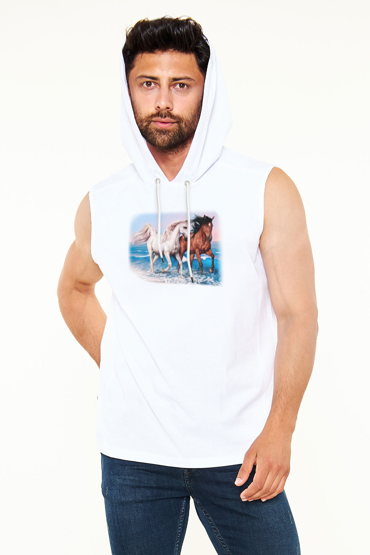 At Beyaz Unisex Kapüşonlu Kolsuz Tişört
