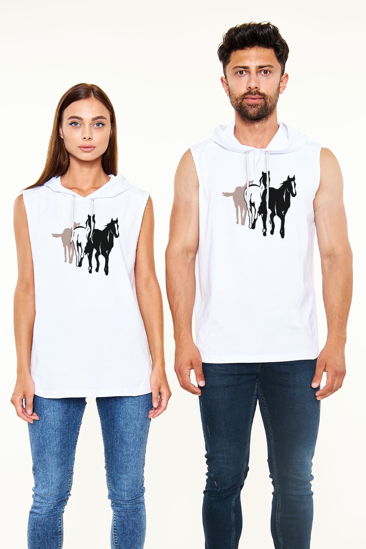 At Beyaz Unisex Kapüşonlu Kolsuz Tişört