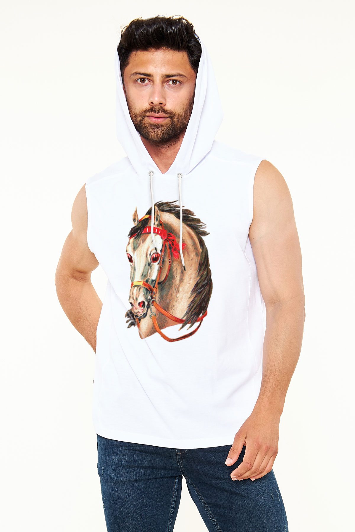 At Beyaz Unisex Kapüşonlu Kolsuz Tişört