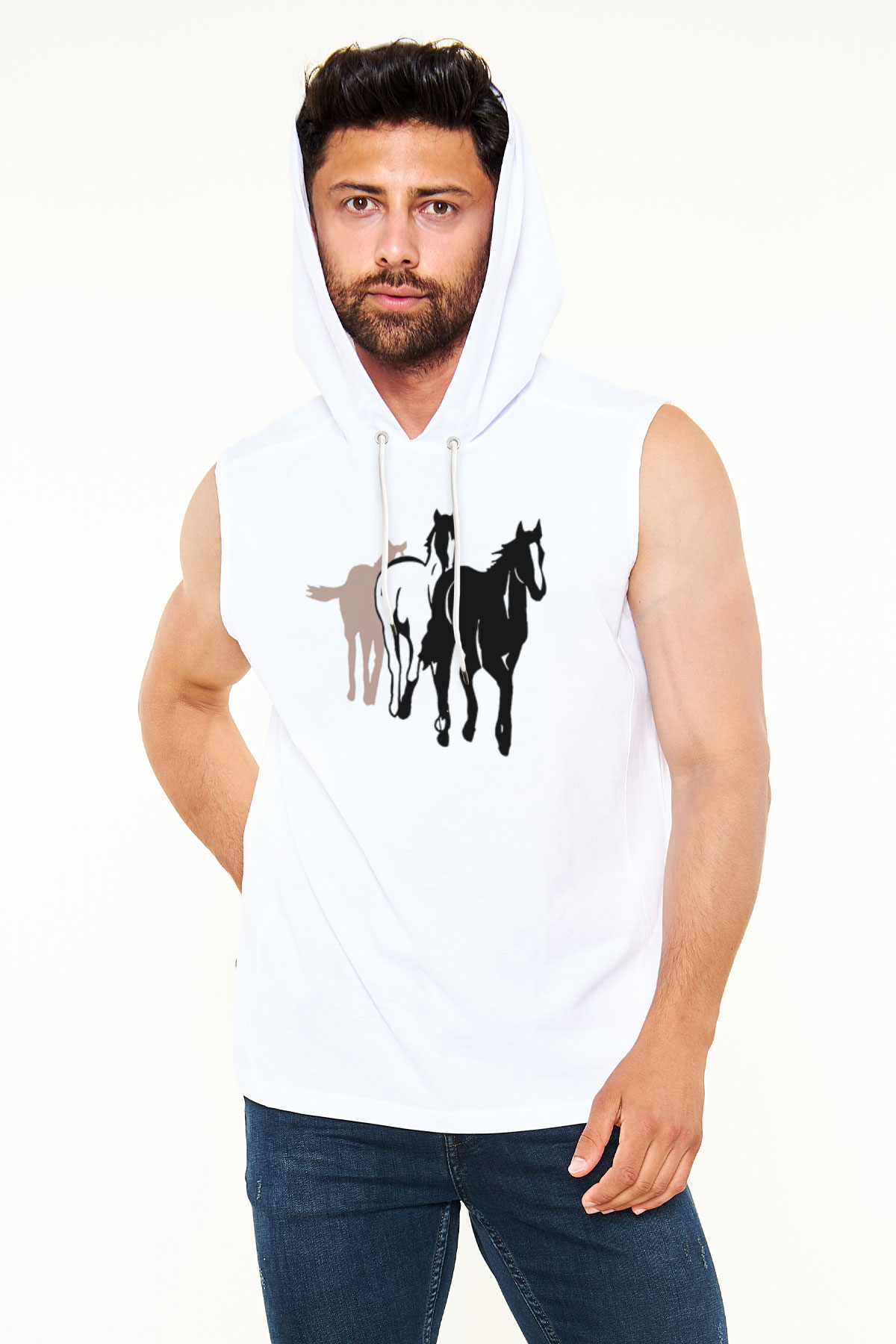 At Beyaz Unisex Kapüşonlu Kolsuz Tişört