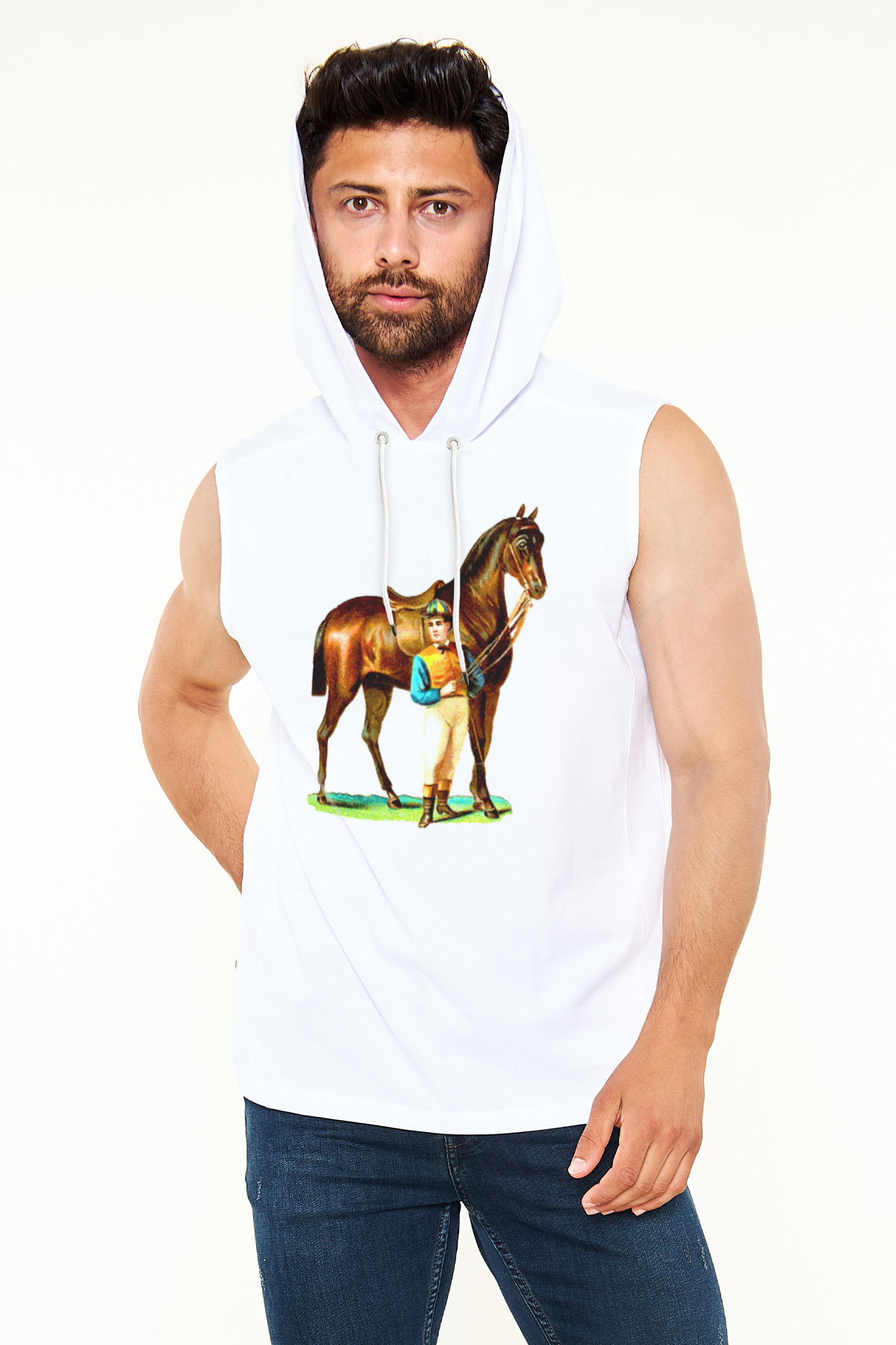 At Beyaz Unisex Kapüşonlu Kolsuz Tişört