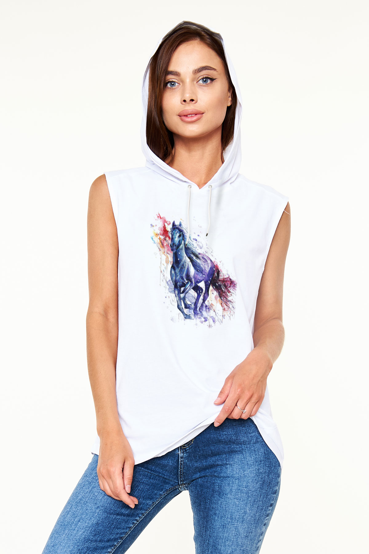 At Beyaz Unisex Kapüşonlu Kolsuz Tişört