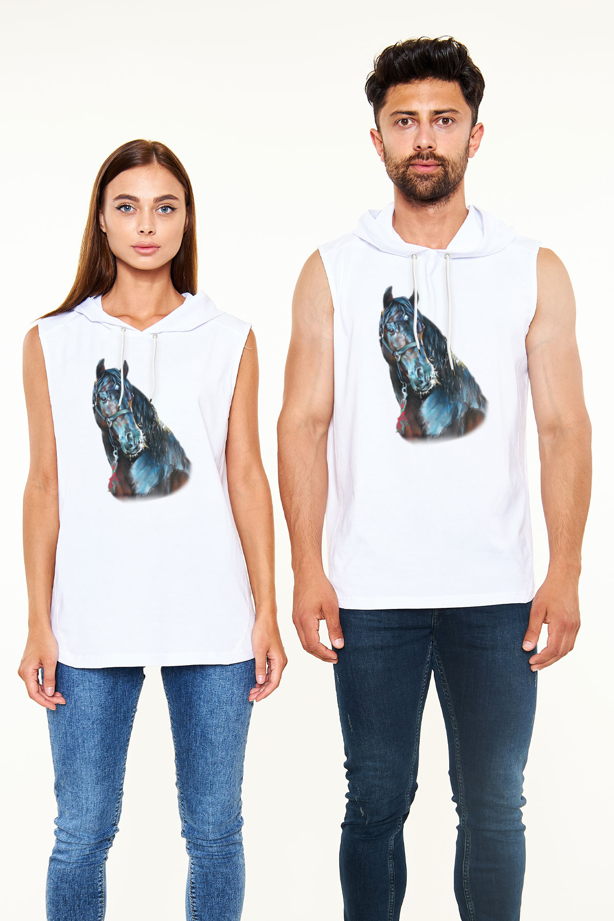 At Beyaz Unisex Kapüşonlu Kolsuz Tişört