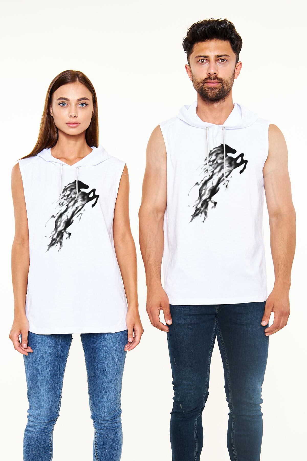 At Beyaz Unisex Kapüşonlu Kolsuz Tişört