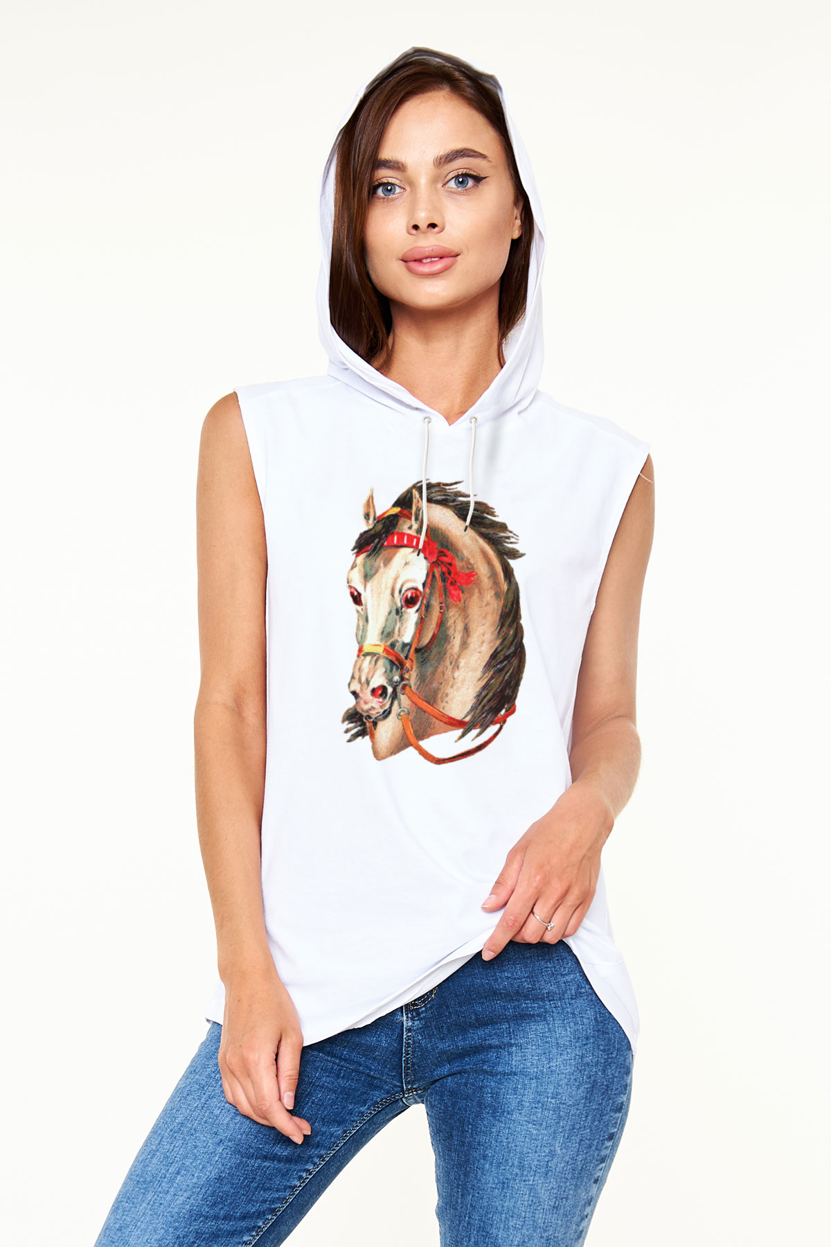 At Beyaz Unisex Kapüşonlu Kolsuz Tişört