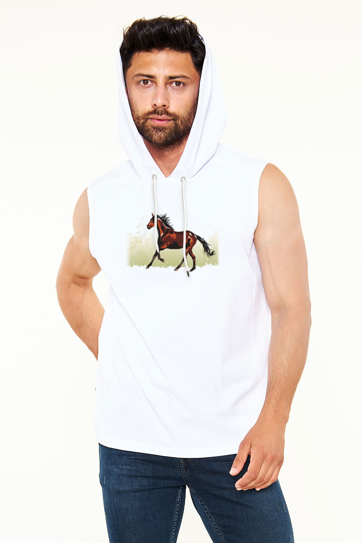 At Beyaz Unisex Kapüşonlu Kolsuz Tişört