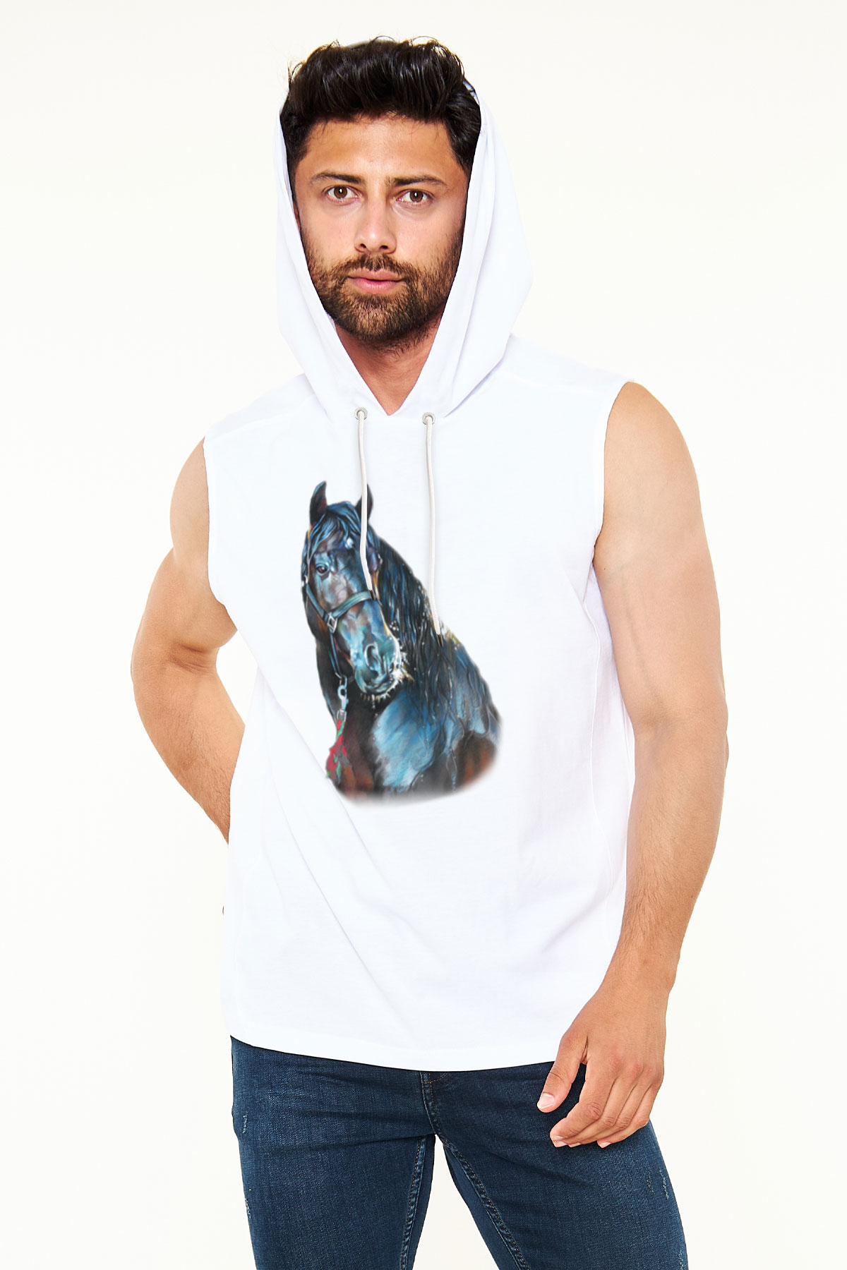 At Beyaz Unisex Kapüşonlu Kolsuz Tişört