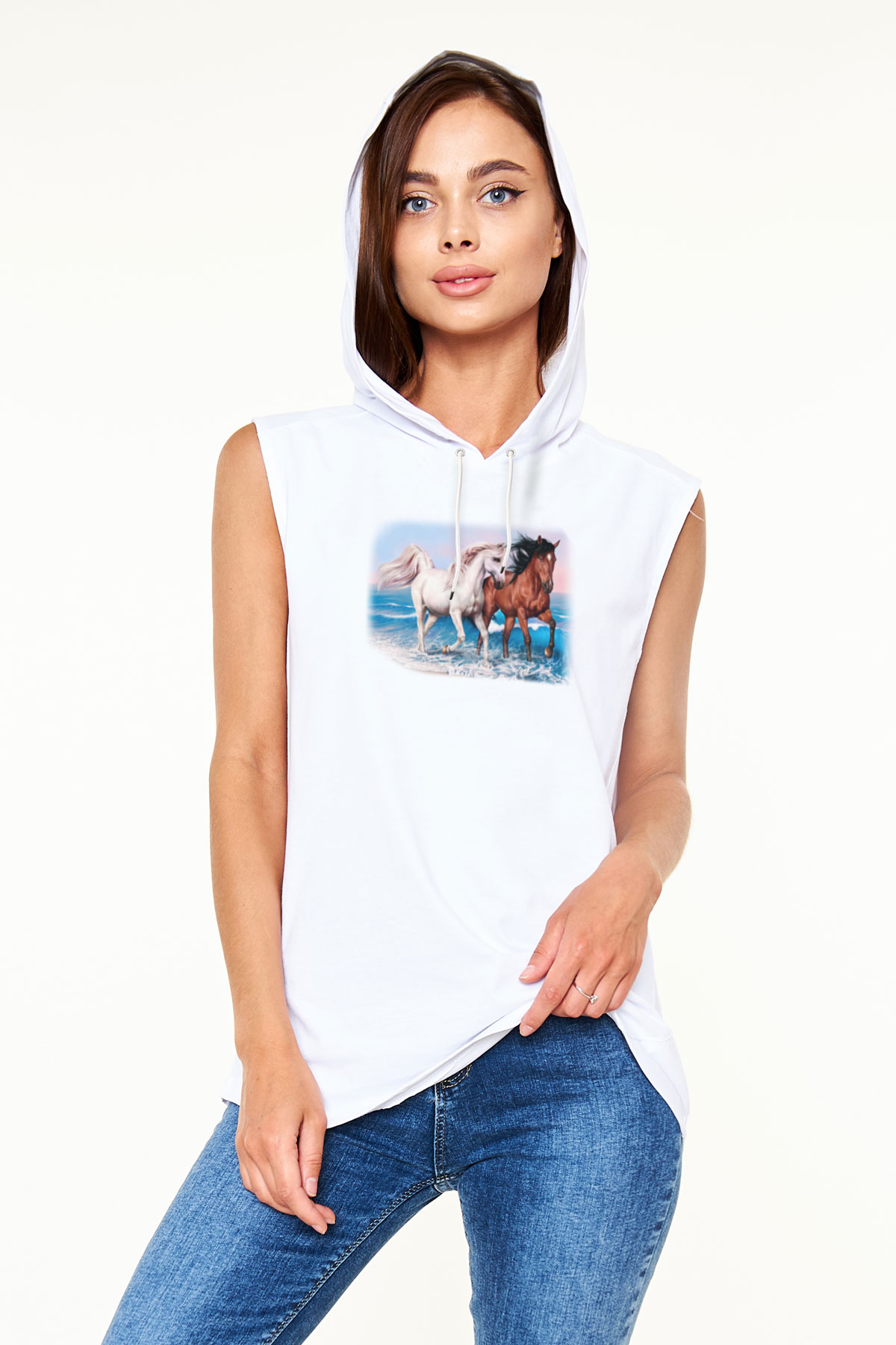 At Beyaz Unisex Kapüşonlu Kolsuz Tişört