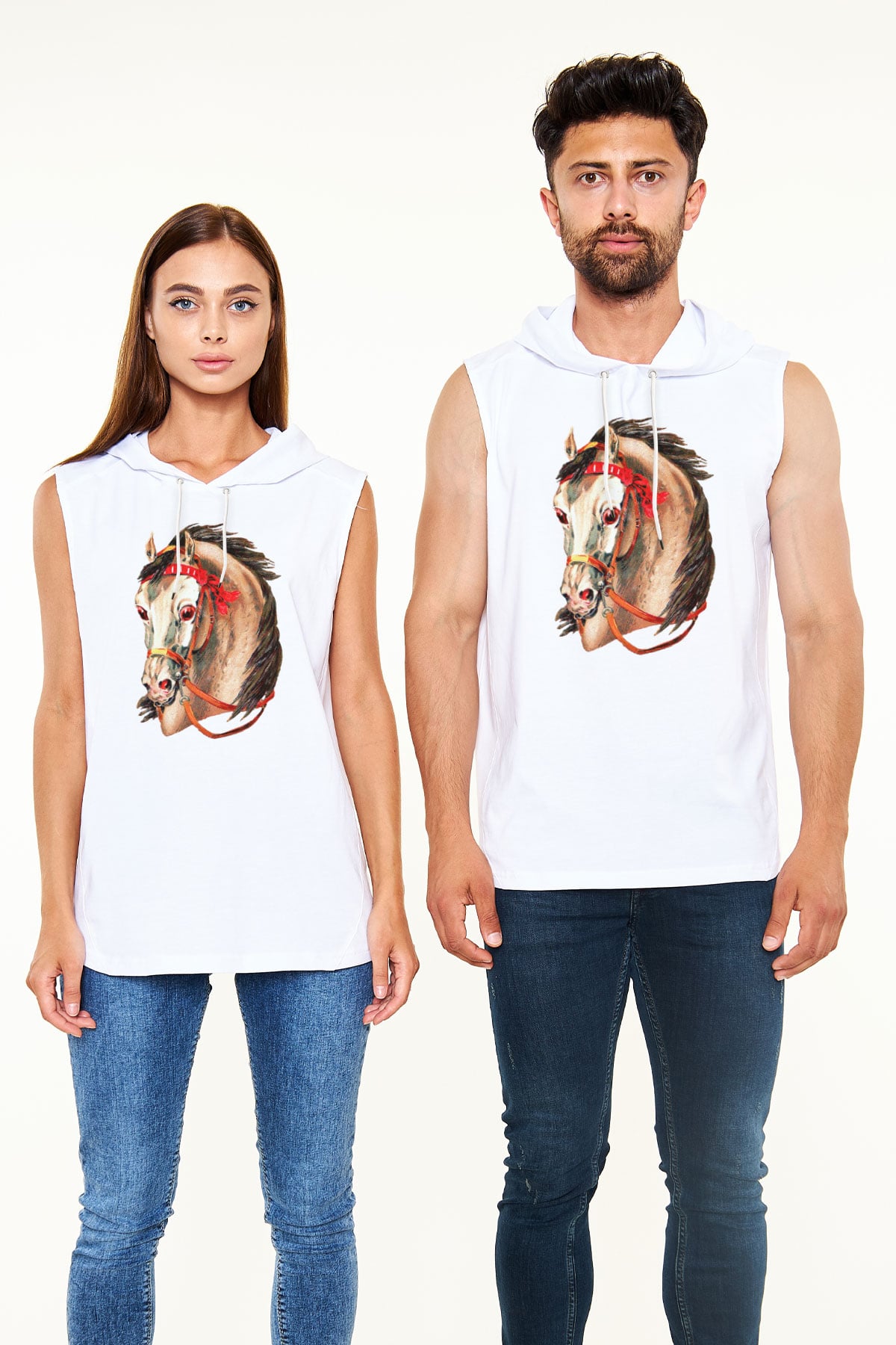 At Beyaz Unisex Kapüşonlu Kolsuz Tişört