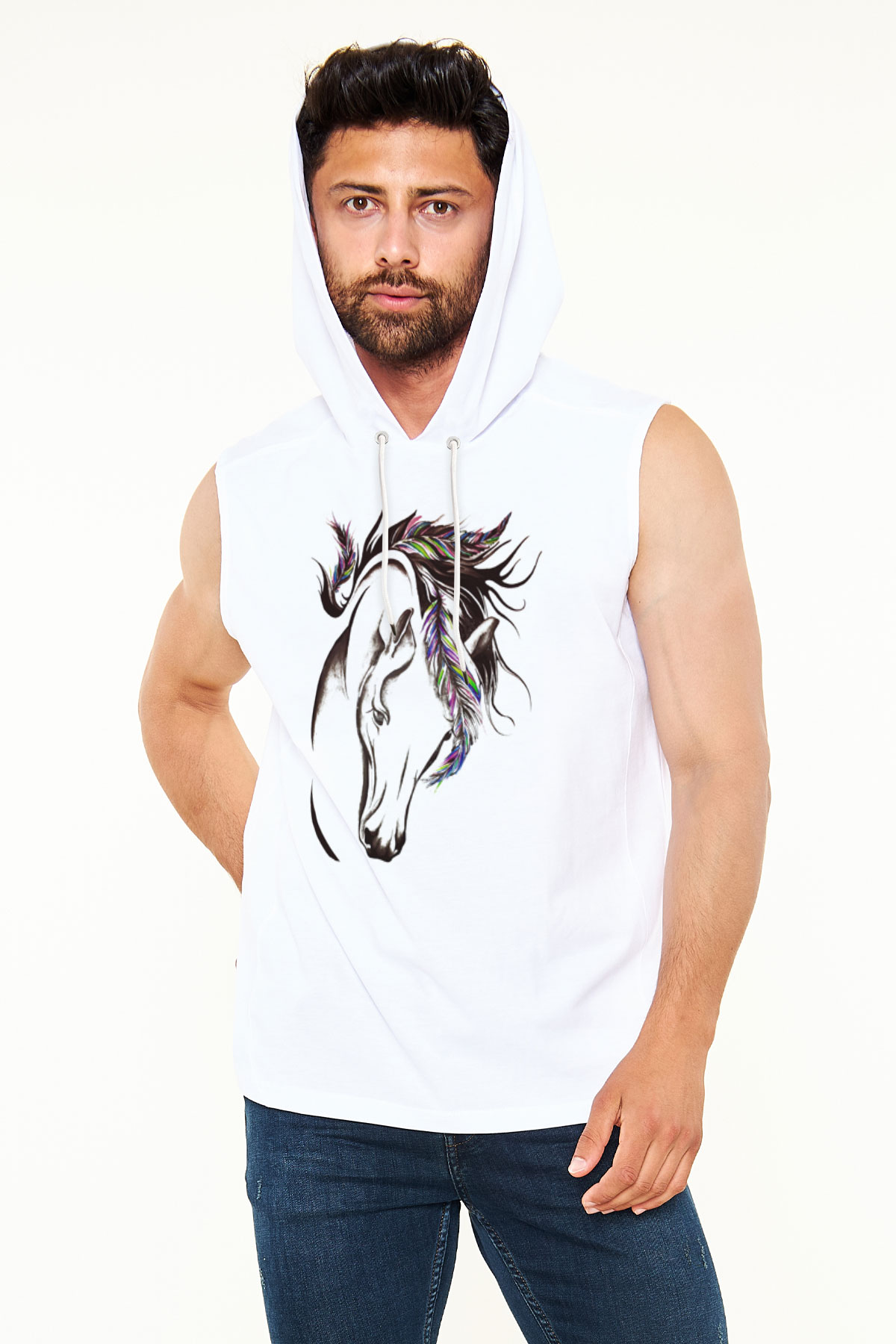 At Beyaz Unisex Kapüşonlu Kolsuz Tişört