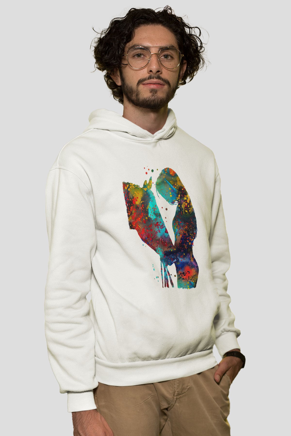 At Beyaz Unisex Kapüşonlu Sweatshirt