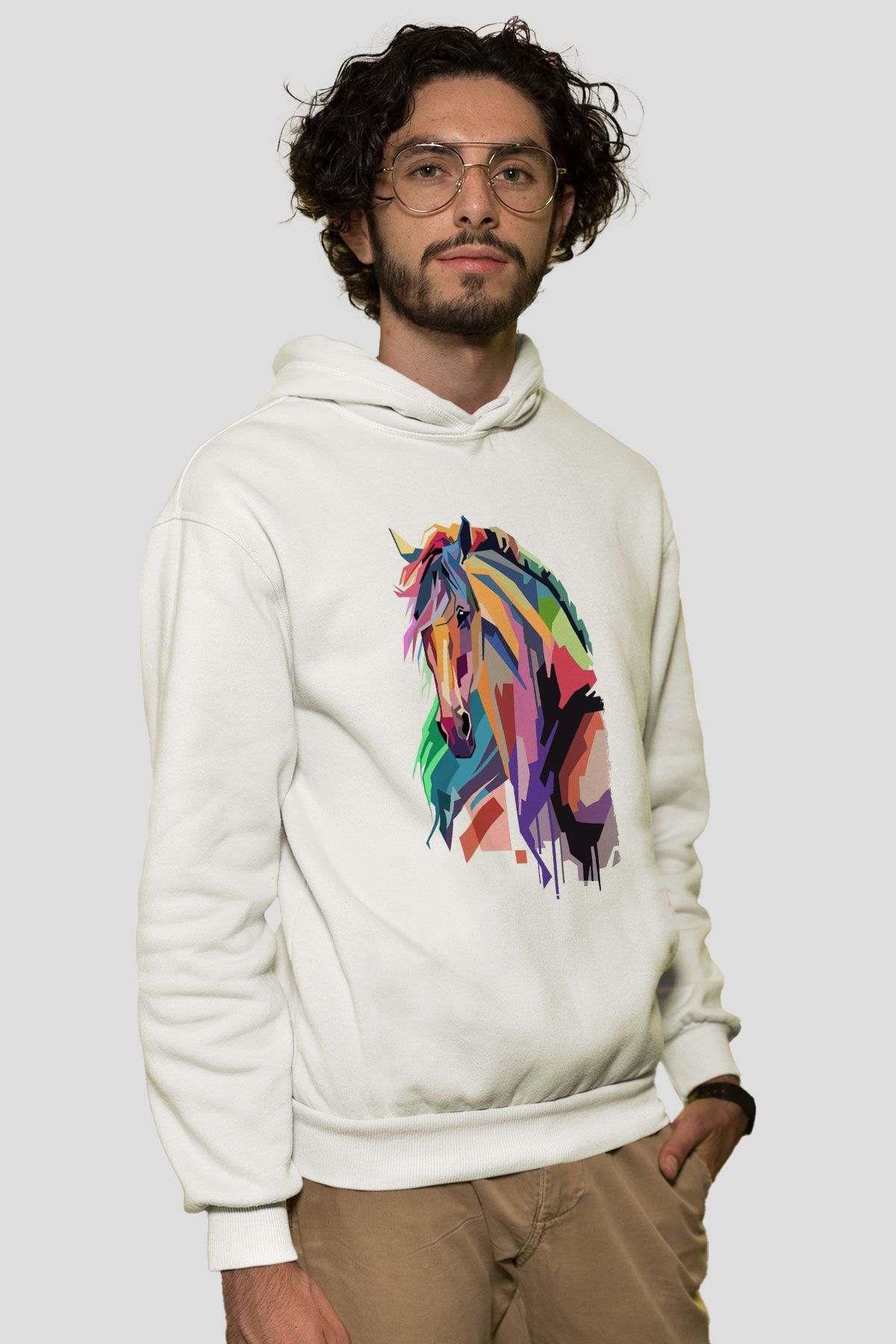 At Beyaz Unisex Kapüşonlu Sweatshirt
