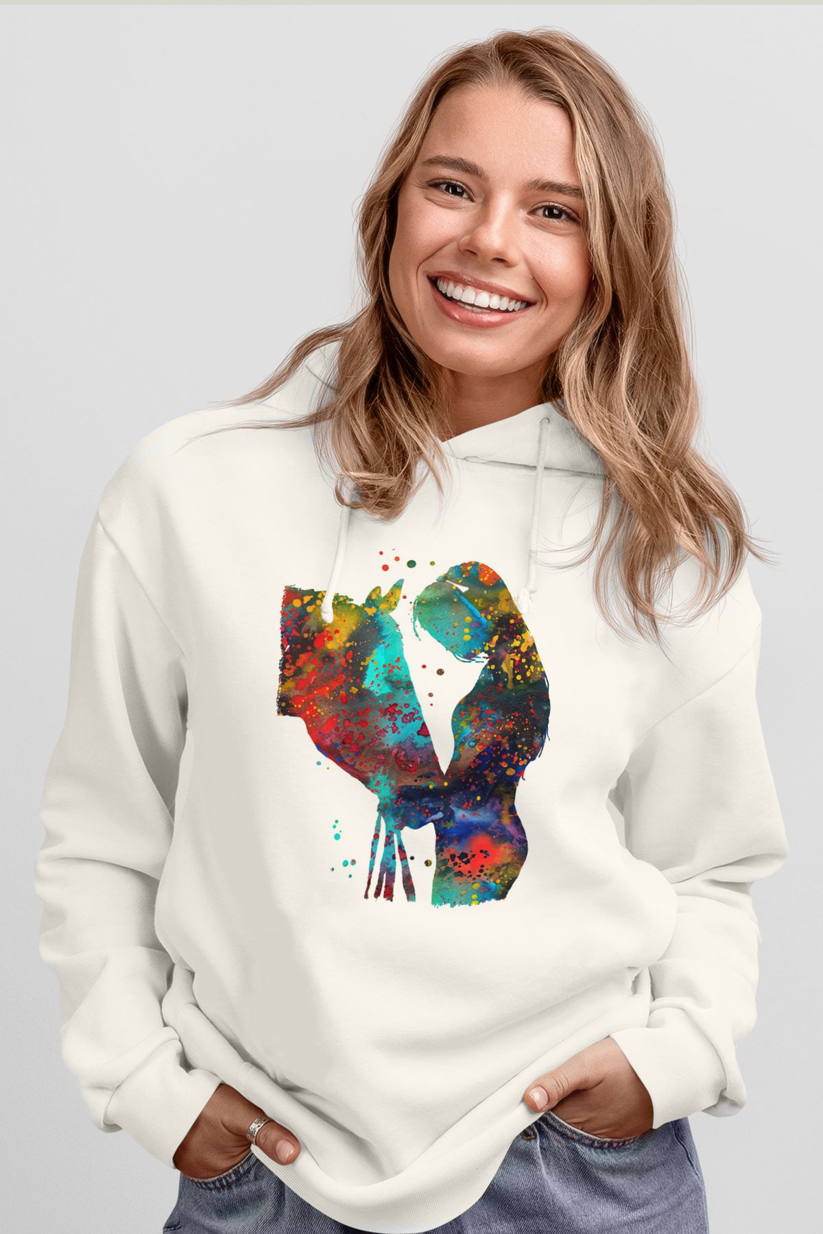 At Beyaz Unisex Kapüşonlu Sweatshirt