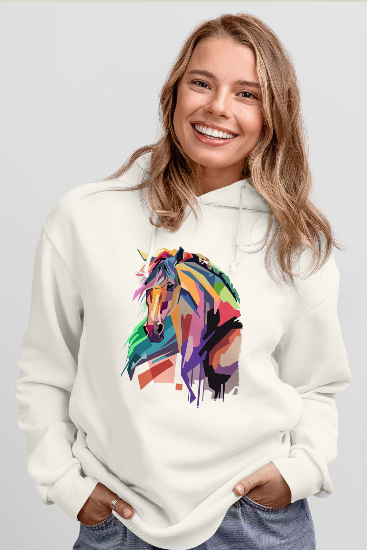 At Beyaz Unisex Kapüşonlu Sweatshirt