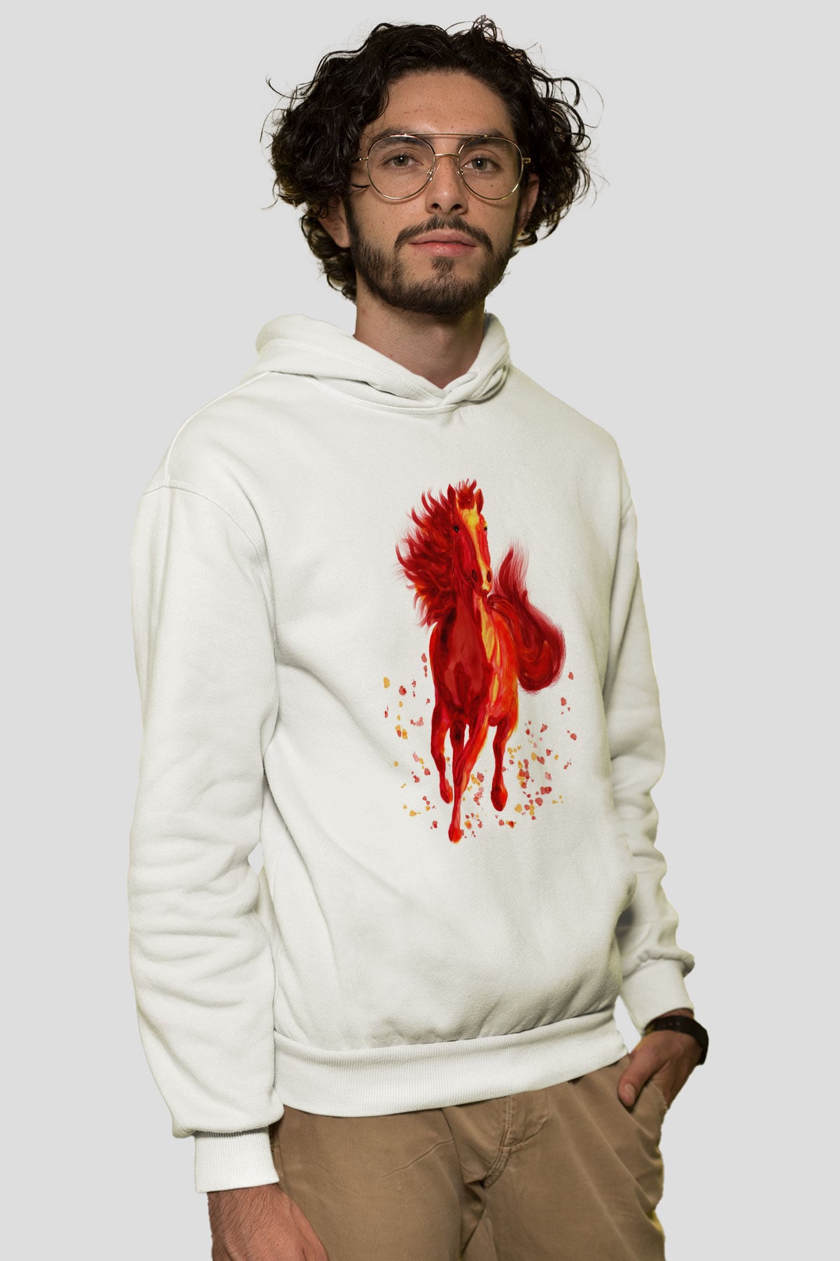 At Beyaz Unisex Kapüşonlu Sweatshirt
