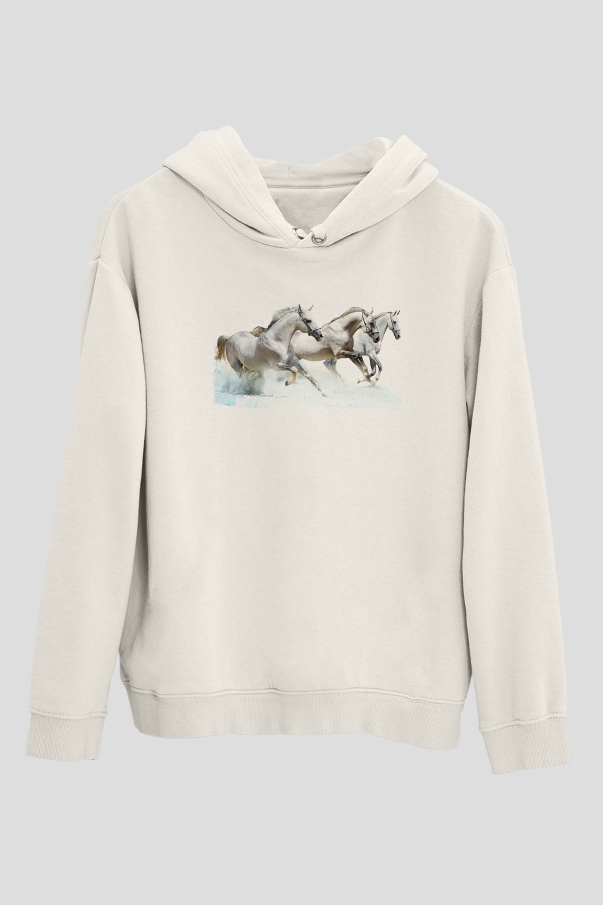 At Beyaz Unisex Kapüşonlu Sweatshirt