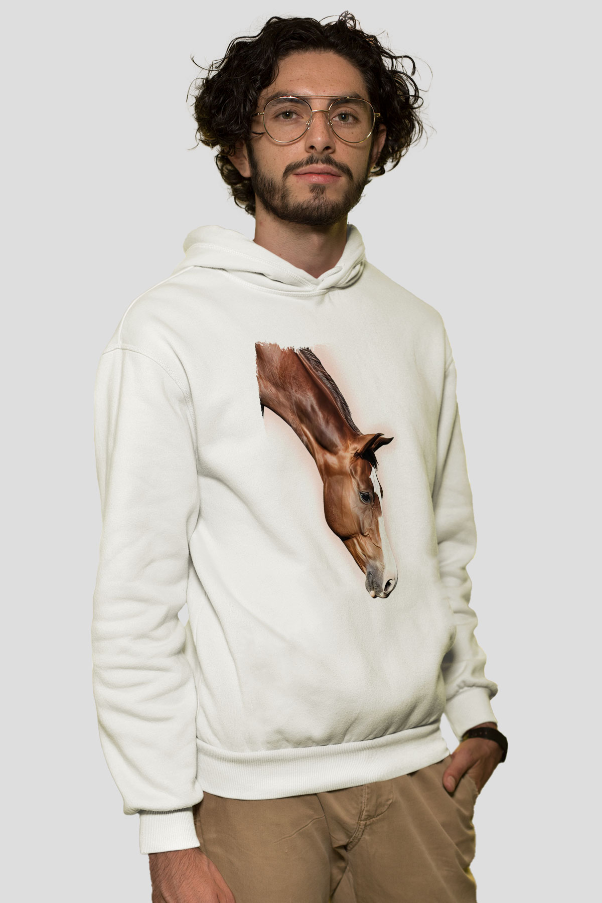 At Beyaz Unisex Kapüşonlu Sweatshirt