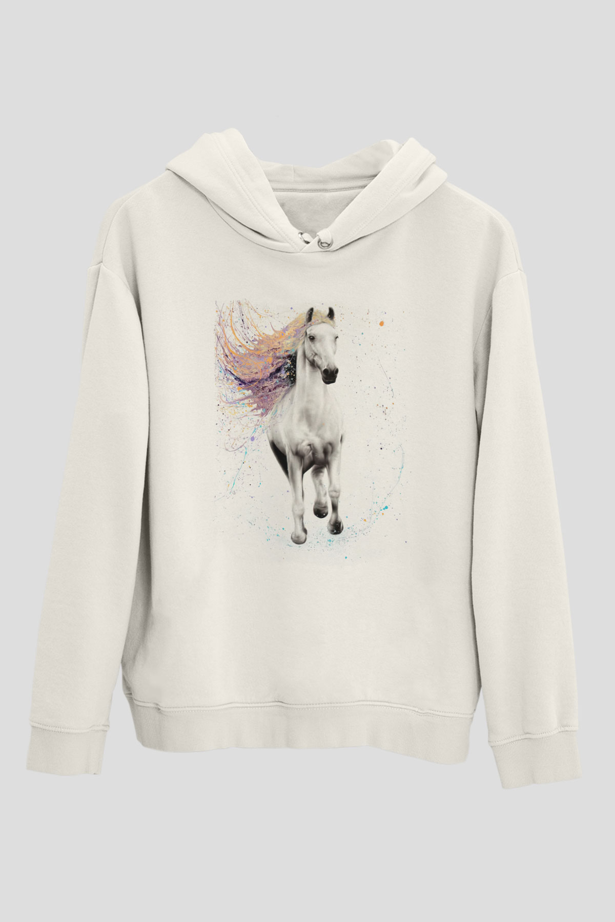 At Beyaz Unisex Kapüşonlu Sweatshirt