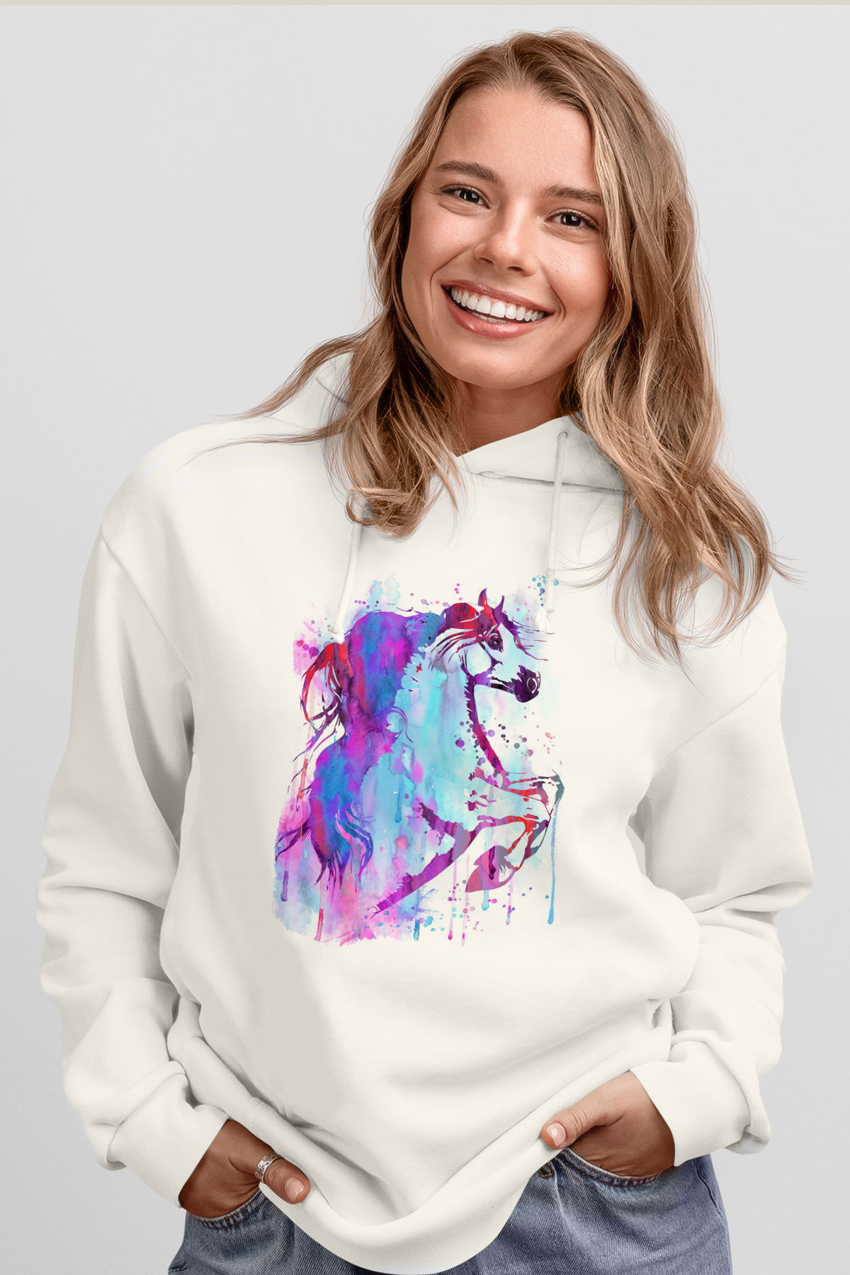 At Beyaz Unisex Kapüşonlu Sweatshirt