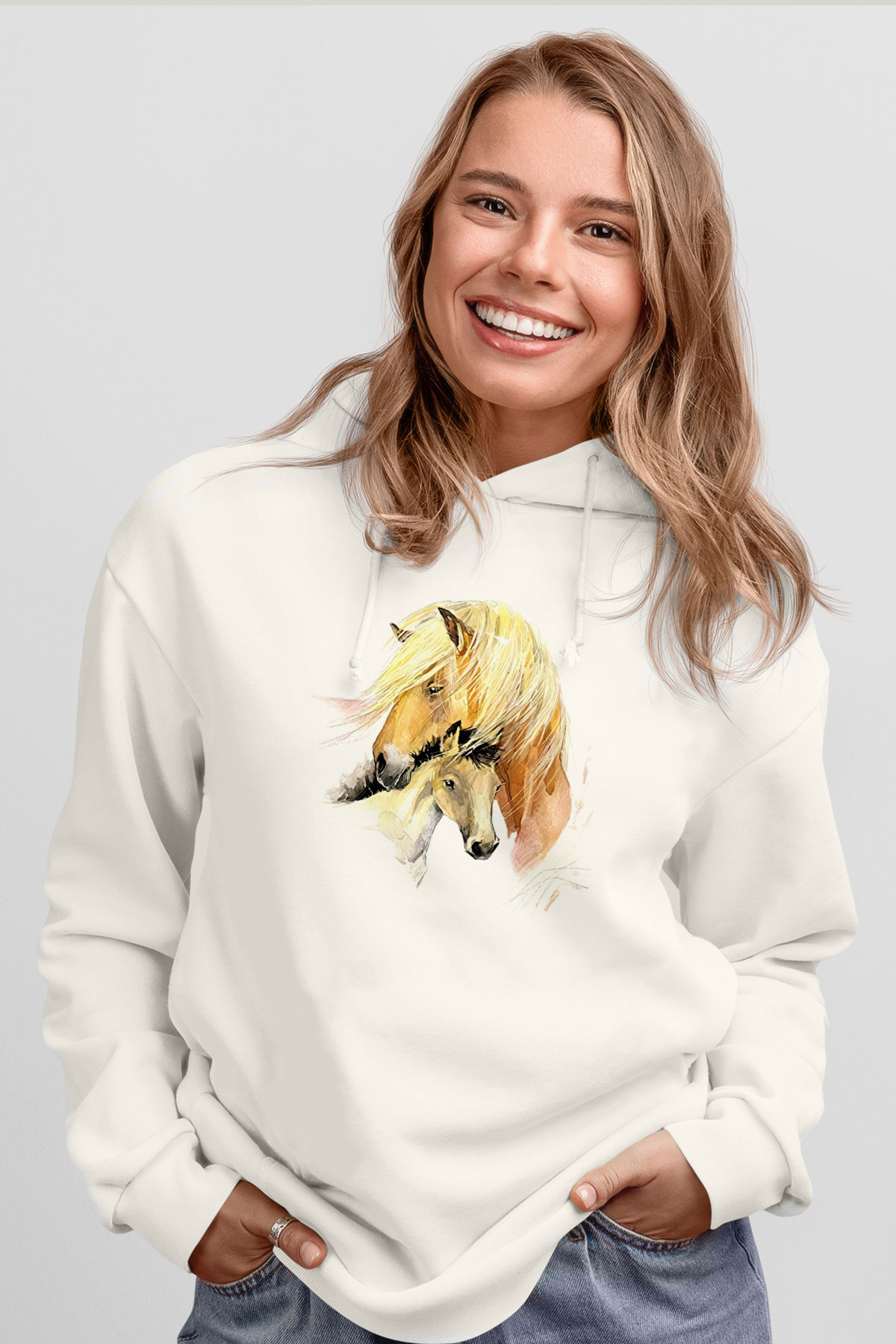 At Beyaz Unisex Kapüşonlu Sweatshirt