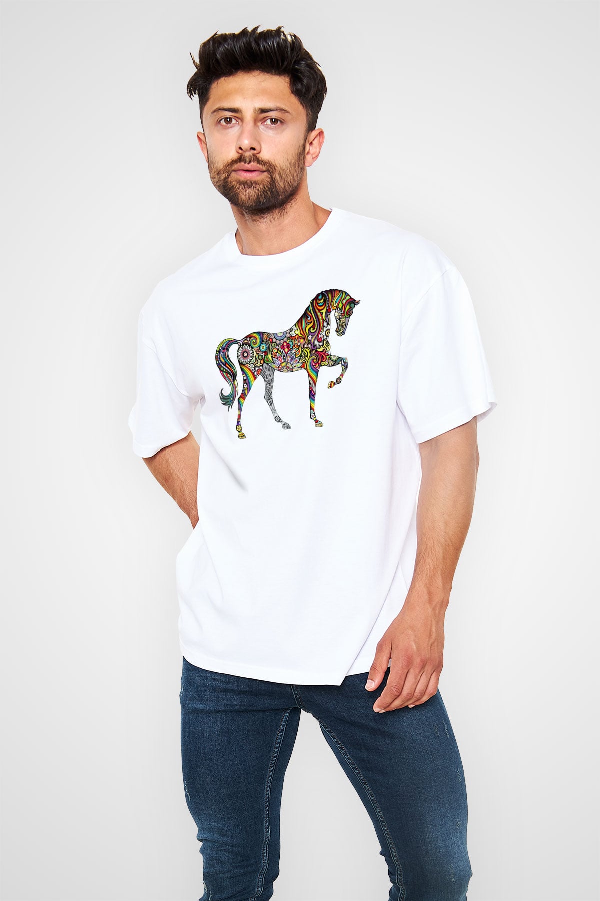 At Beyaz Unisex Oversize Tişört T-Shirt