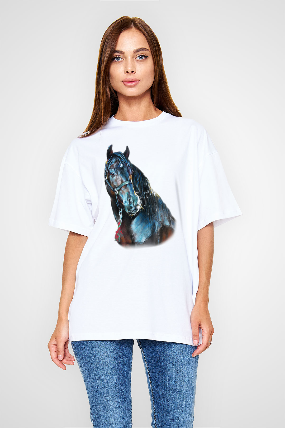 At Beyaz Unisex Oversize Tişört T-Shirt
