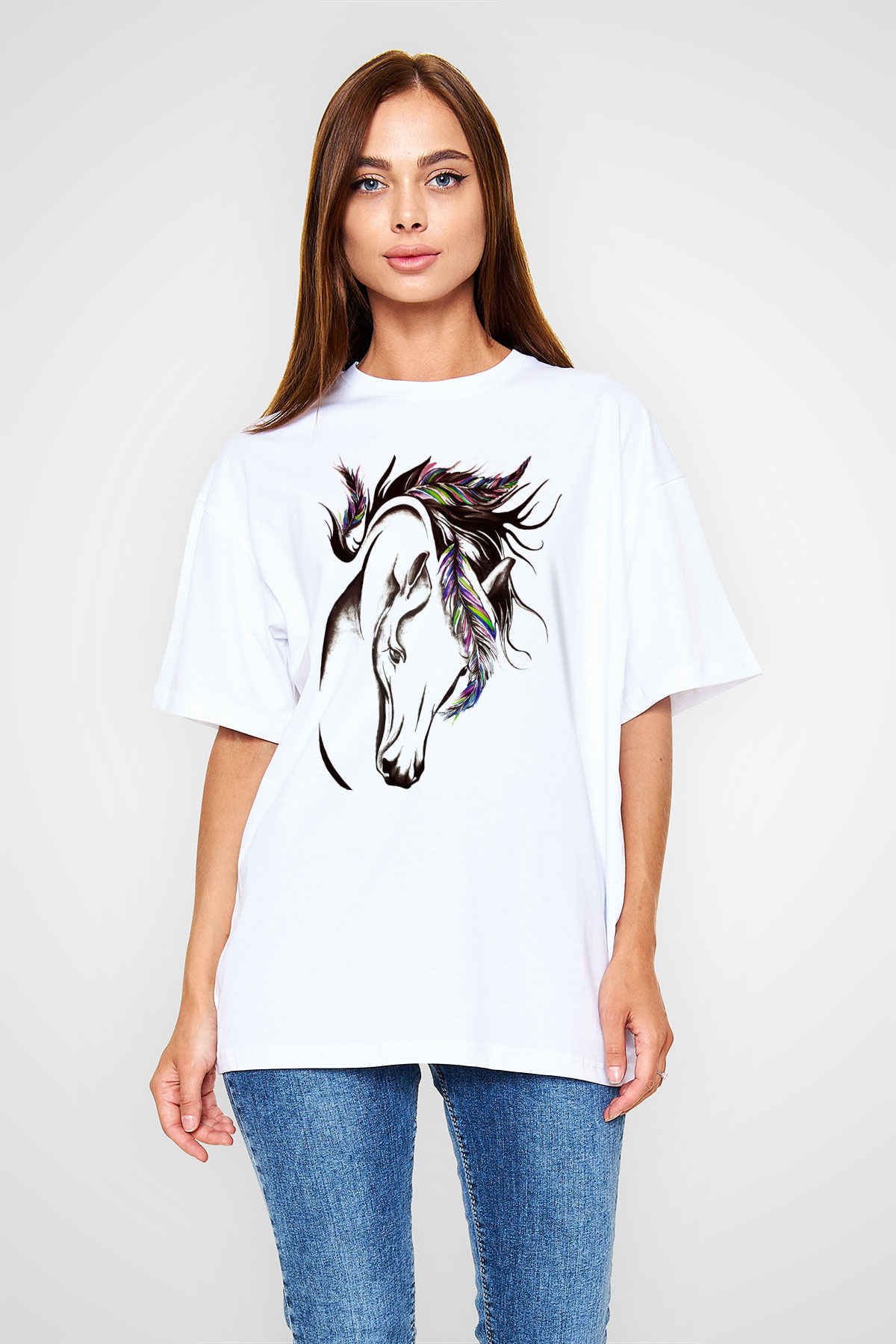 At Beyaz Unisex Oversize Tişört T-Shirt
