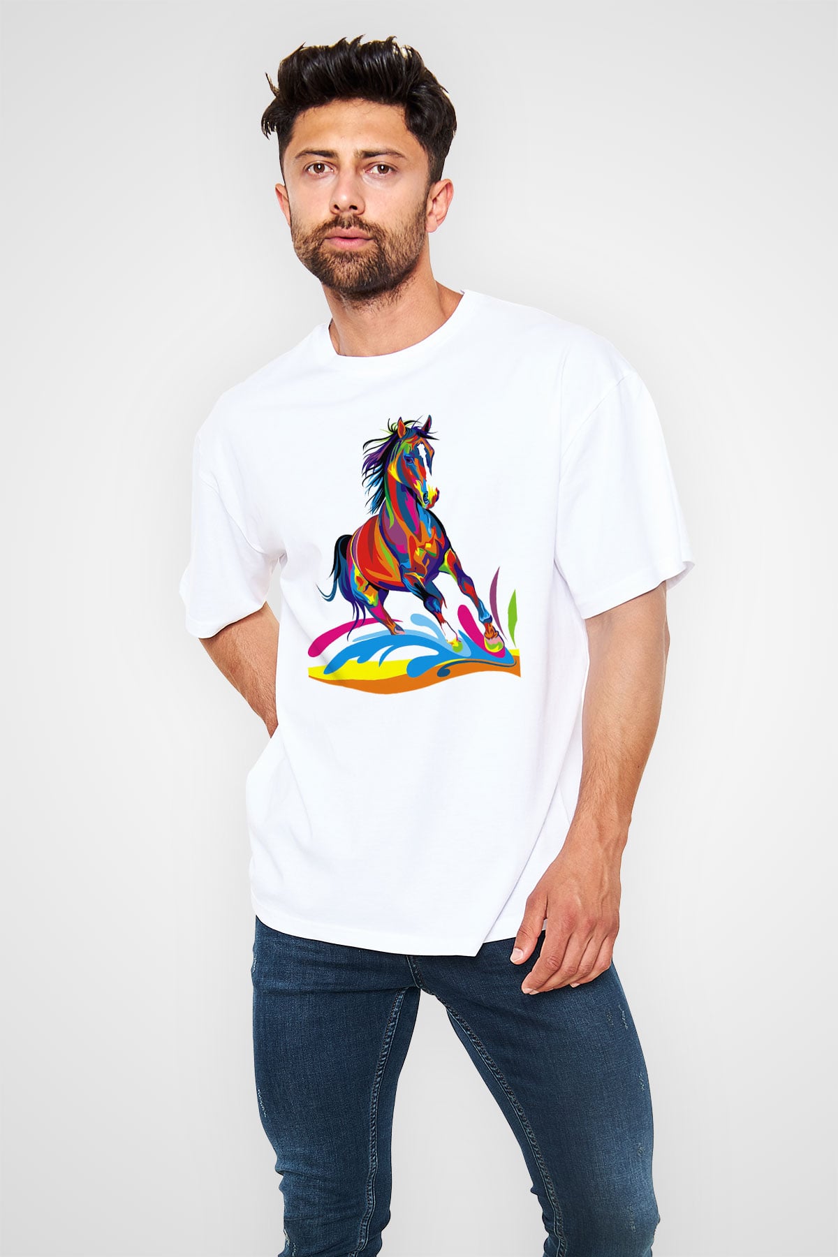 At Beyaz Unisex Oversize Tişört T-Shirt