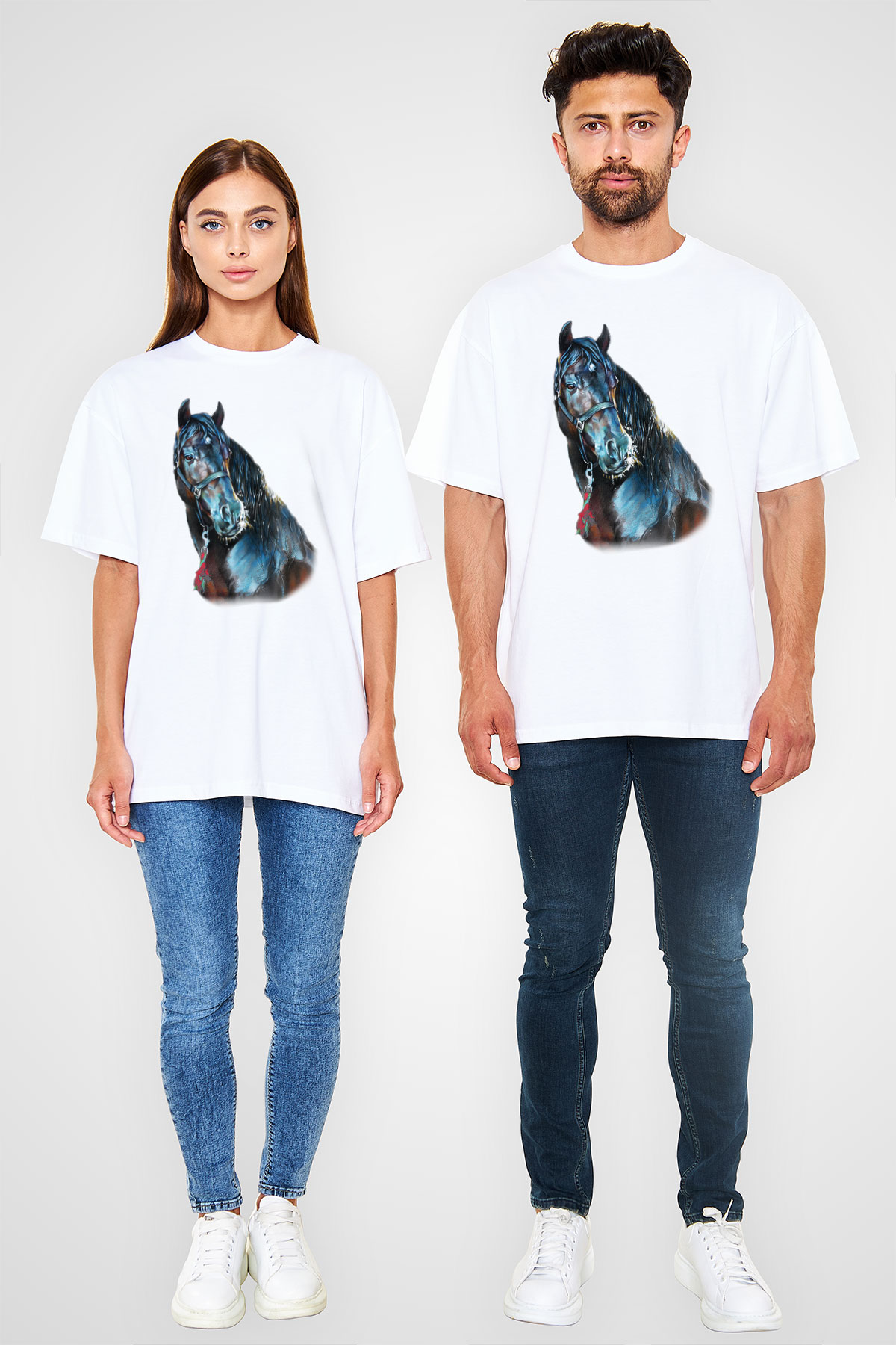 At Beyaz Unisex Oversize Tişört T-Shirt