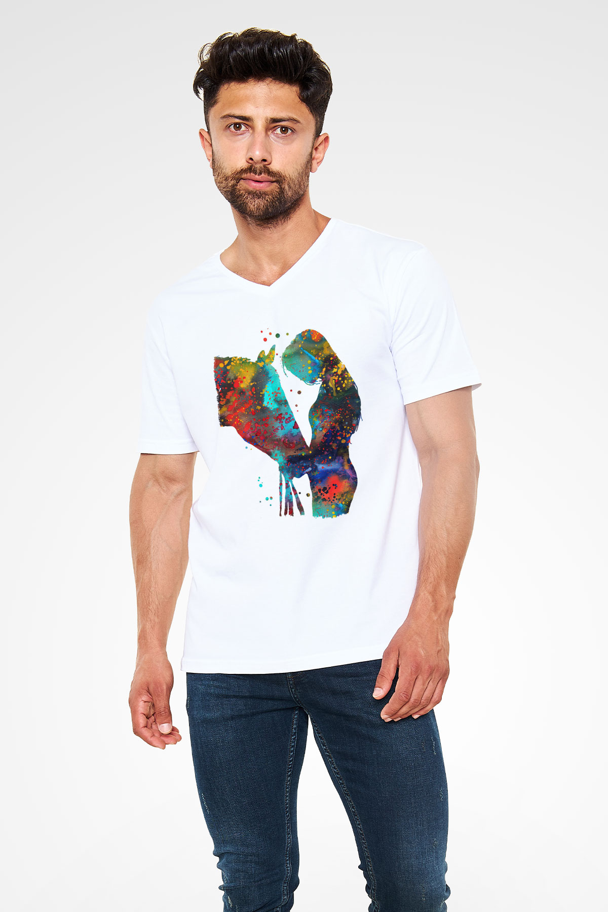 At Beyaz Unisex V Yaka Tişört