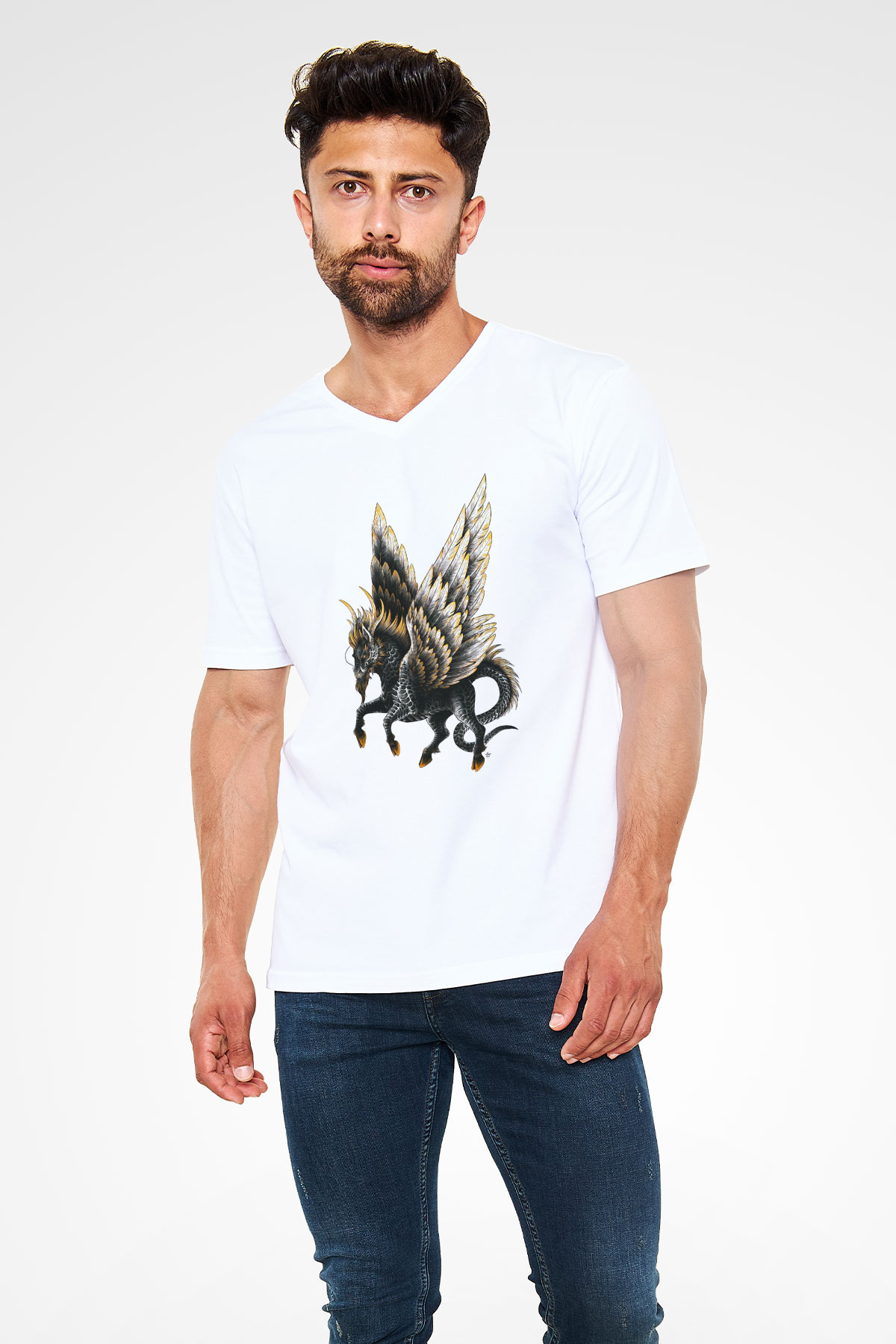 At Beyaz Unisex V Yaka Tişört