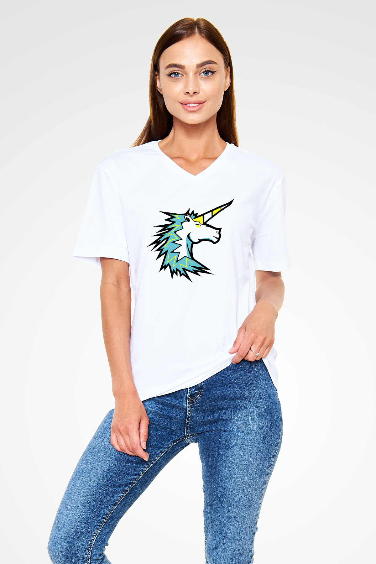 At Beyaz Unisex V Yaka Tişört T-Shirt